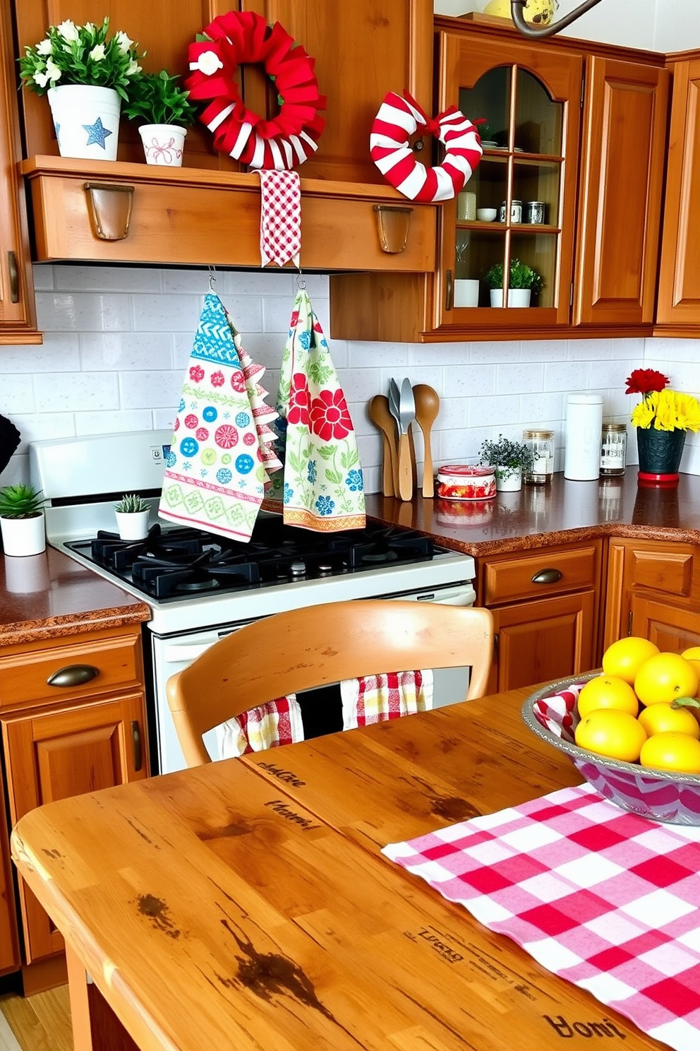 A cheerful kitchen setting decorated for Labor Day. Colorful dish towels with festive patterns hang from the oven handle, adding a playful touch to the space. The countertops are adorned with seasonal decorations, including small potted plants and a vibrant fruit bowl. A rustic wooden table is set with a red and white checkered tablecloth, inviting family gatherings and celebrations.