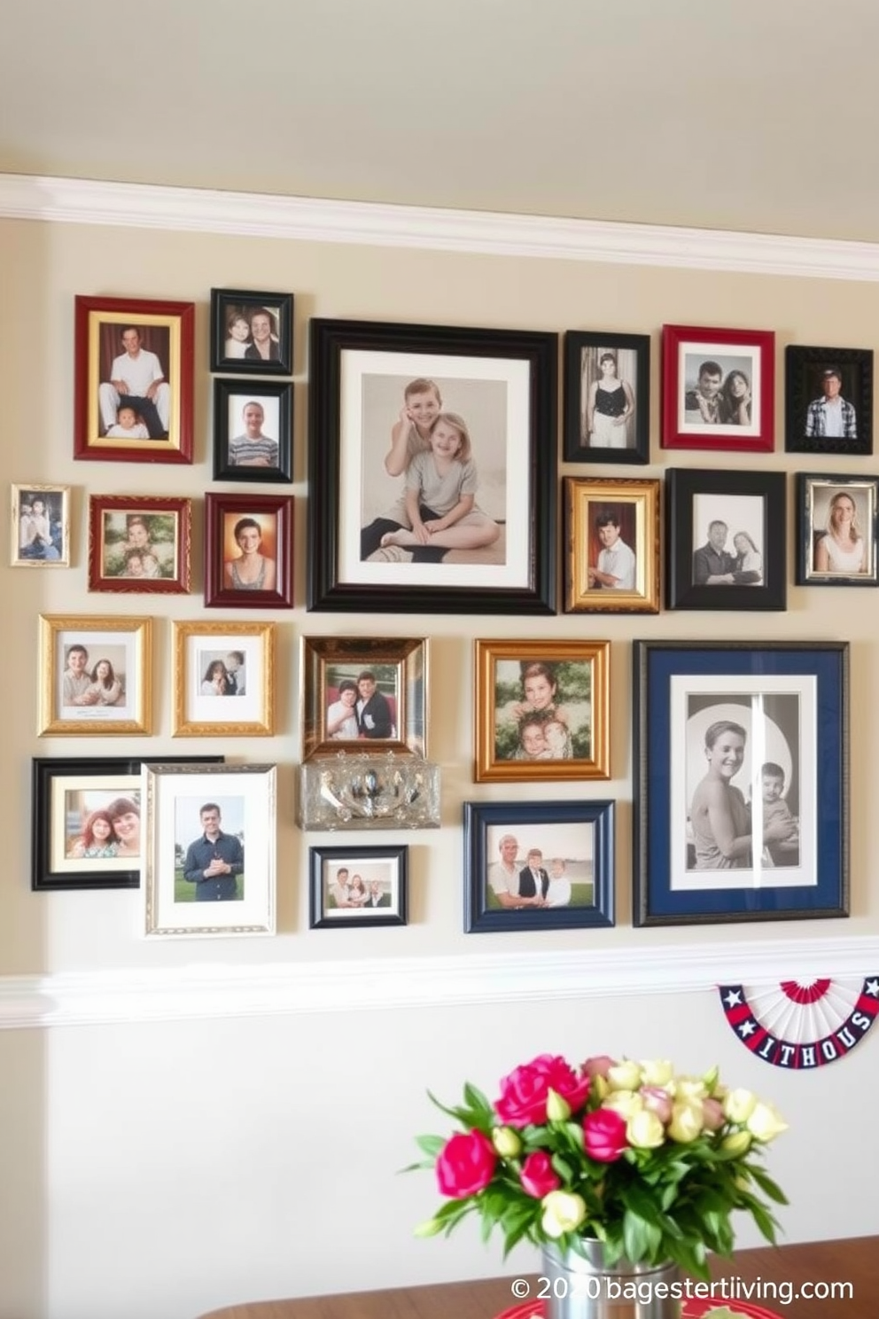 Create a gallery wall featuring an eclectic mix of family photos in various frame styles and sizes. Arrange the photos in a cohesive layout that tells a visual story, using a neutral background to enhance the display. For Labor Day kitchen decorating ideas, envision a festive atmosphere with red, white, and blue accents. Incorporate seasonal elements like fresh flowers, themed tableware, and decorative bunting to create a warm and inviting space for gatherings.