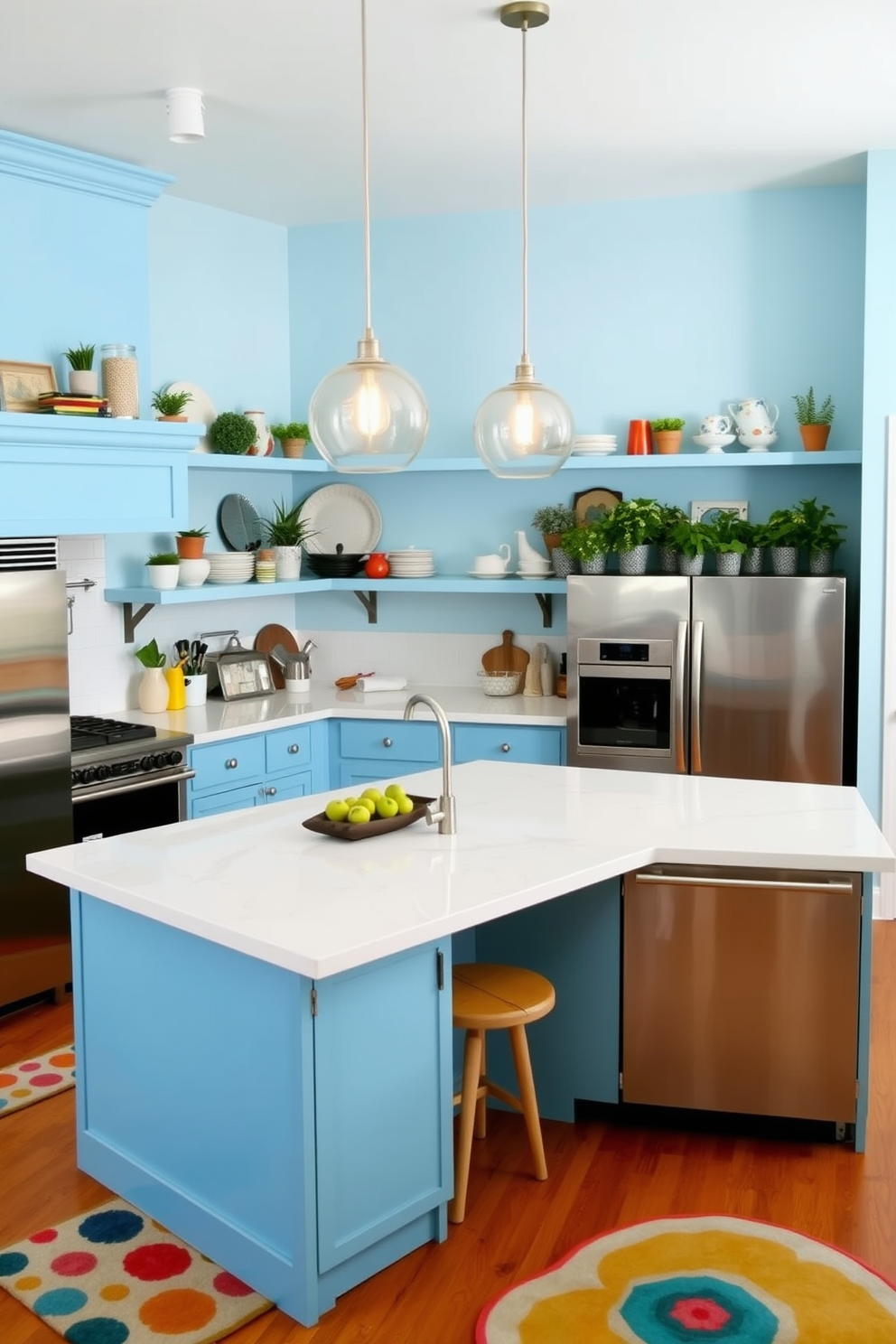 A vibrant kitchen space featuring a large island with a white quartz countertop and sleek stainless steel appliances. The walls are painted in a soft blue hue, and a fun, colorful rug adds a playful touch to the wooden floor. Decorative open shelving showcases an array of stylish dishware and potted herbs. Pendant lights with a modern design hang above the island, creating a warm and inviting atmosphere for cooking and entertaining.