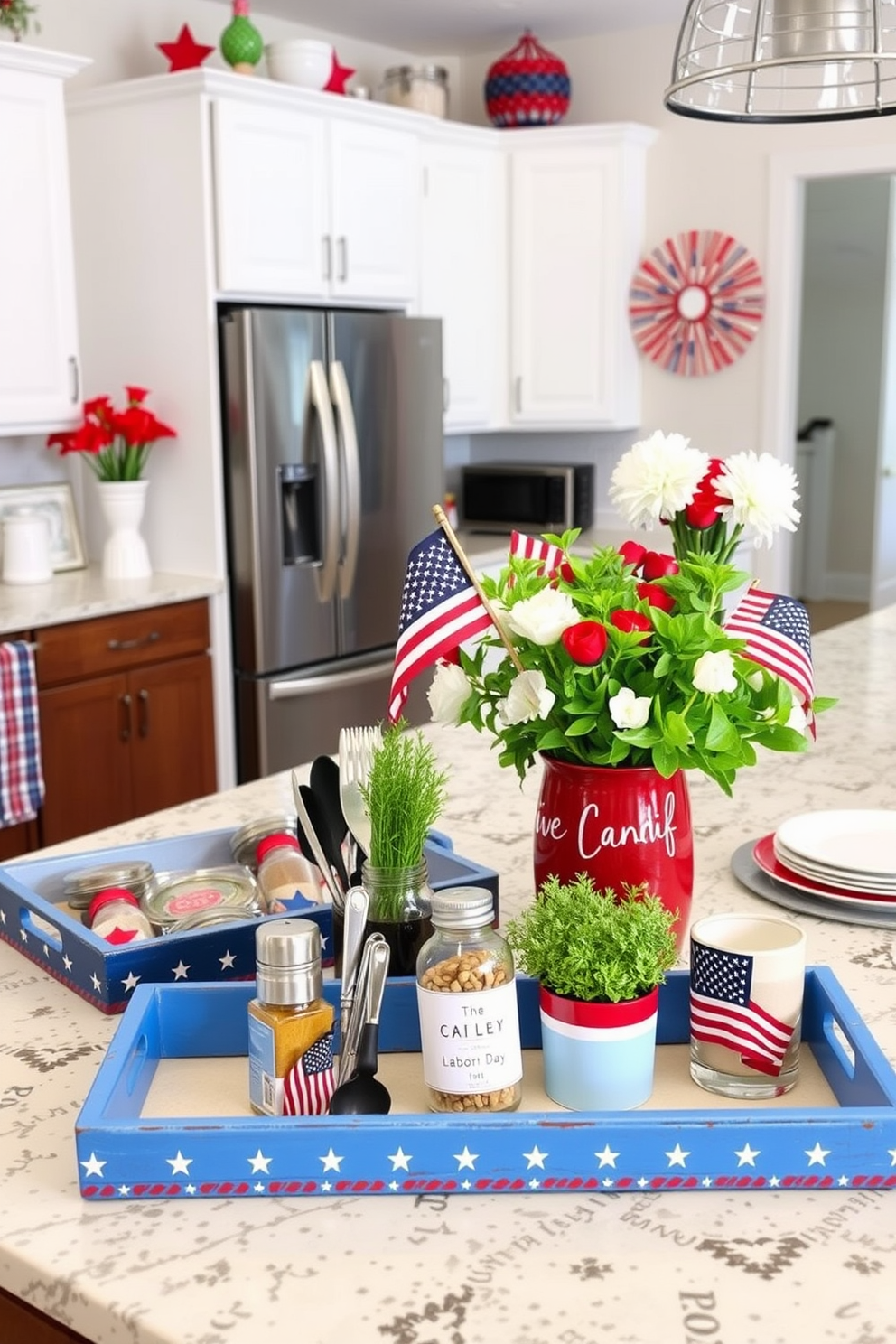 A stylish kitchen featuring decorative trays for organization. The trays are arranged on the countertop, holding spices, utensils, and fresh herbs, adding both functionality and charm to the space. Bright and cheerful Labor Day decorations adorn the kitchen. Red, white, and blue accents are incorporated through tableware and festive centerpieces, creating a welcoming atmosphere for gatherings.