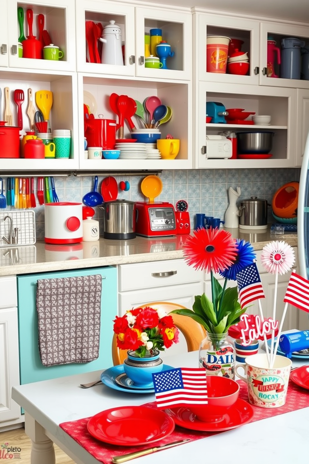 A vibrant kitchen setting filled with playful kitchen gadgets. Colorful utensils and quirky appliances are displayed on open shelves, adding a fun and lively atmosphere to the space. The countertops are adorned with seasonal decorations for Labor Day, featuring red, white, and blue accents. A festive table setting showcases themed dishware and cheerful centerpieces, inviting warmth and celebration.