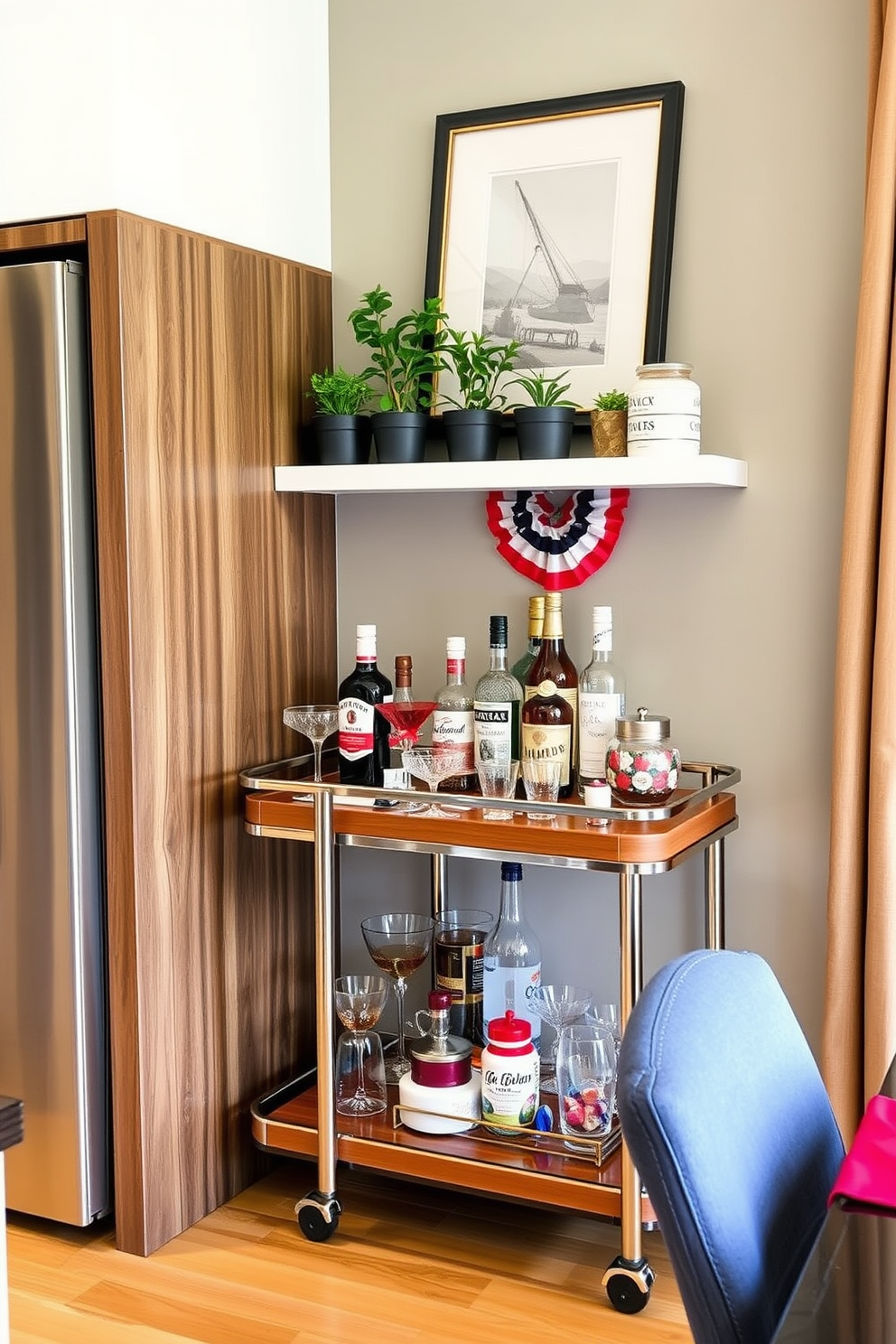 A stylish drink station is set up in the corner of a modern kitchen. The station features a sleek bar cart with a polished wood finish and metallic accents, adorned with an array of colorful glassware and a selection of premium liquors. Above the cart, a decorative shelf displays potted herbs and framed artwork that adds a personal touch. The kitchen is decorated with subtle Labor Day themes, incorporating red, white, and blue accents through table linens and seasonal decor items.