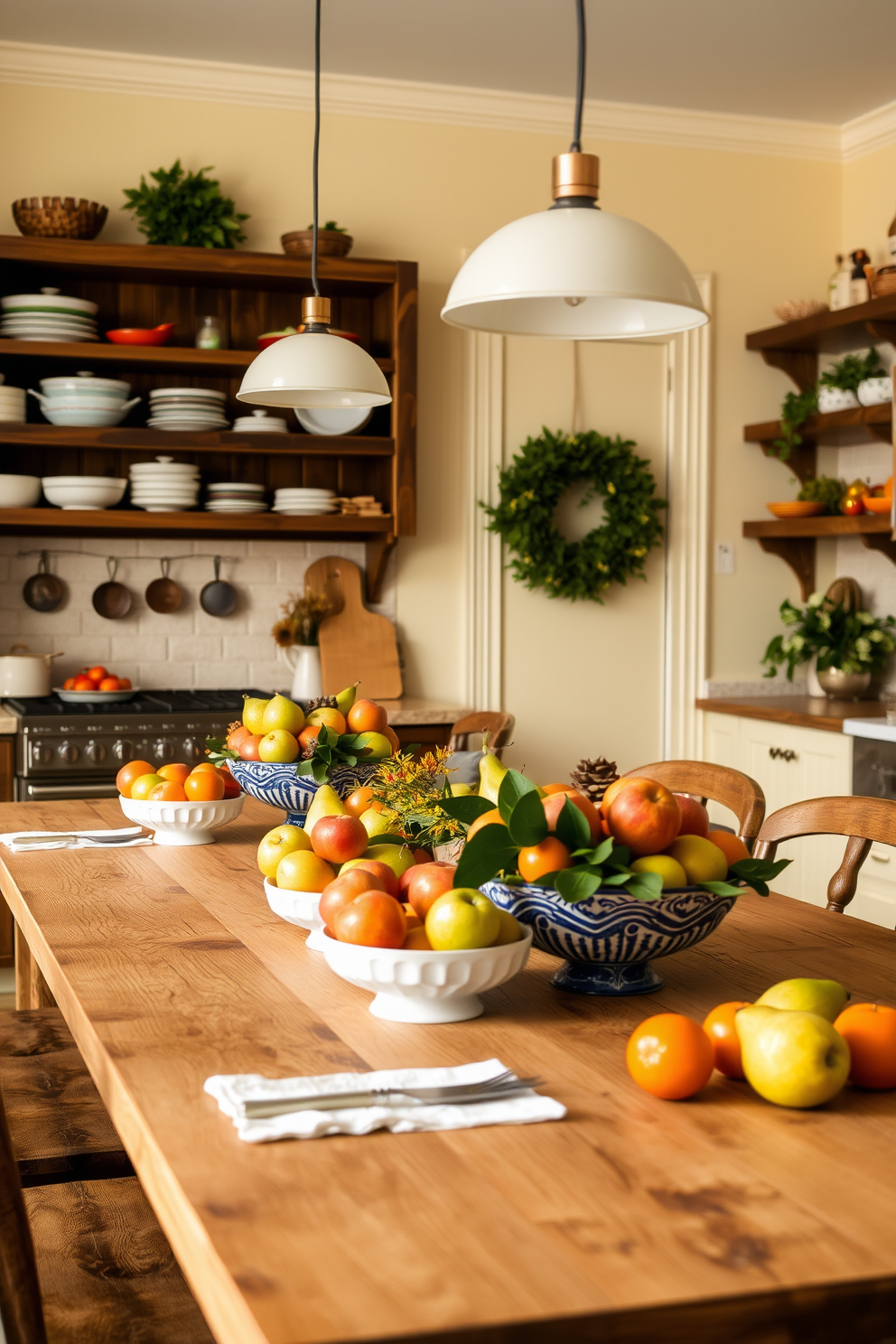 A vibrant kitchen setting adorned with seasonal fruit as centerpieces. A large wooden dining table is beautifully set with bowls of fresh apples, pears, and oranges, adding a pop of color to the space. The walls are painted in a warm cream tone, complemented by rustic wooden shelves displaying kitchenware. Soft pendant lights hang above the table, creating a cozy atmosphere perfect for gathering with family and friends during Labor Day celebrations.