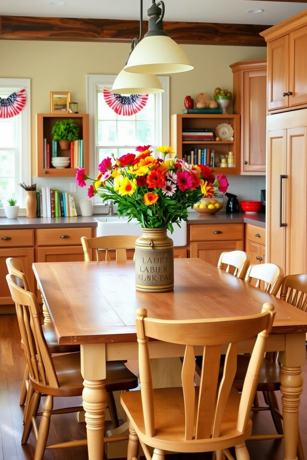 A bright and inviting kitchen space featuring a large farmhouse table in the center surrounded by mismatched wooden chairs. Fresh flowers in vibrant colors are arranged in a rustic vase on the table, adding a lively touch to the warm, neutral tones of the cabinetry. The kitchen is adorned with seasonal decorations for Labor Day, including small American flags and red, white, and blue accents throughout. A cozy nook with a window seat showcases a collection of cookbooks and a bowl of fresh fruit, enhancing the homey atmosphere.