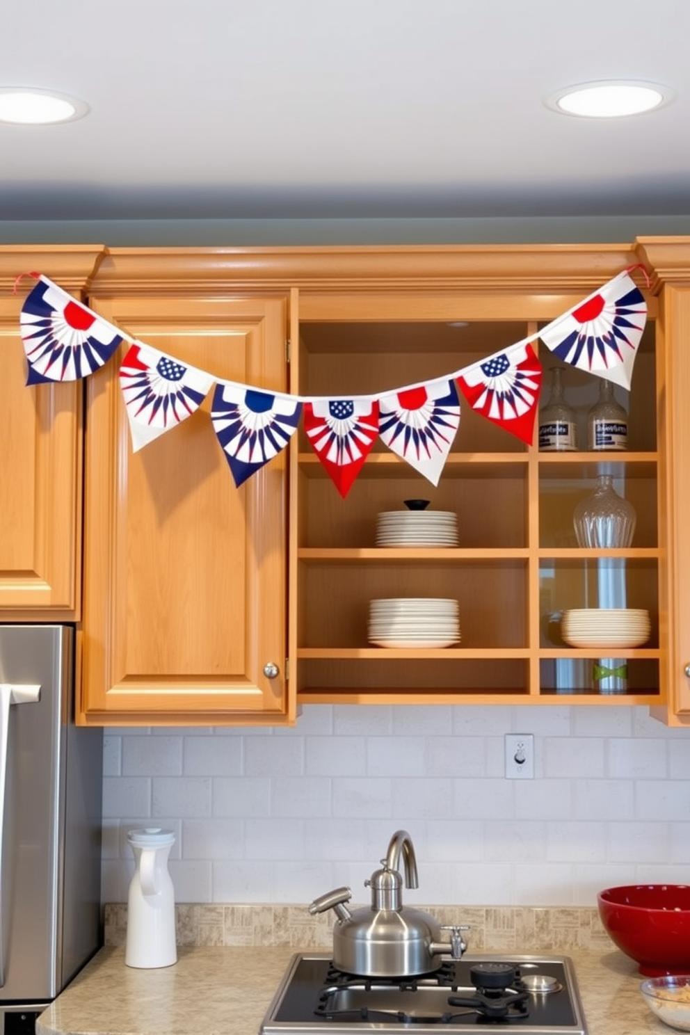 A cheerful kitchen setting featuring festive bunting hung above the cabinets. The bunting is adorned with red white and blue colors to celebrate Labor Day, adding a lively touch to the space.