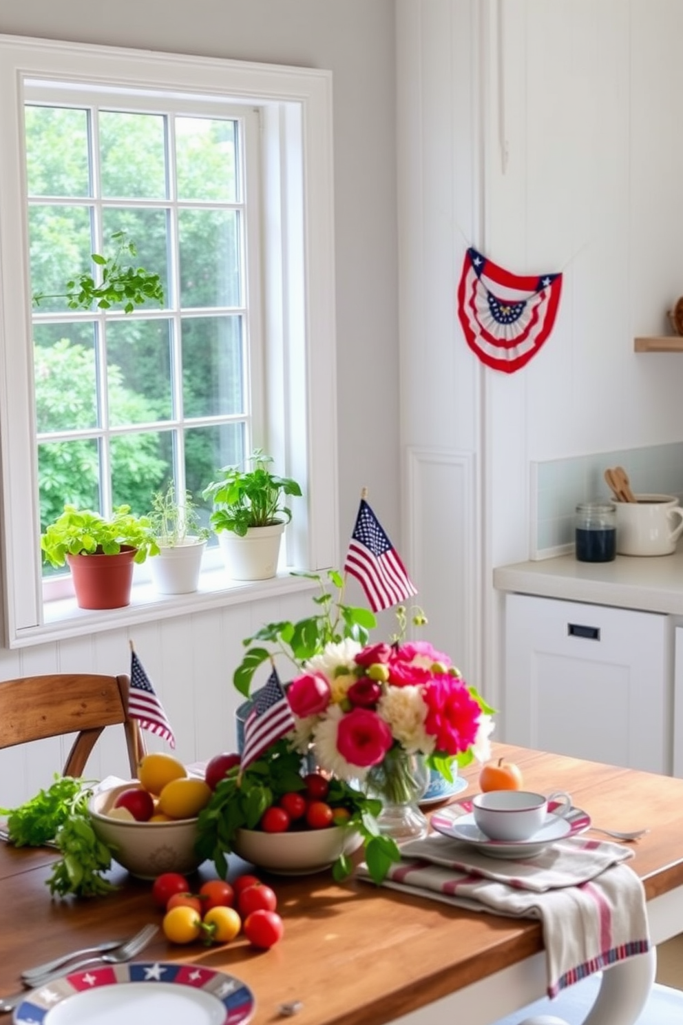 A bright and airy kitchen features a charming windowsill adorned with various potted herbs. Each pot showcases vibrant green leaves, adding a touch of life and freshness to the space. For Labor Day, the kitchen is decorated with festive accents such as red, white, and blue tableware. A rustic wooden table is set for a casual gathering, complete with seasonal fruits and a centerpiece of fresh flowers.