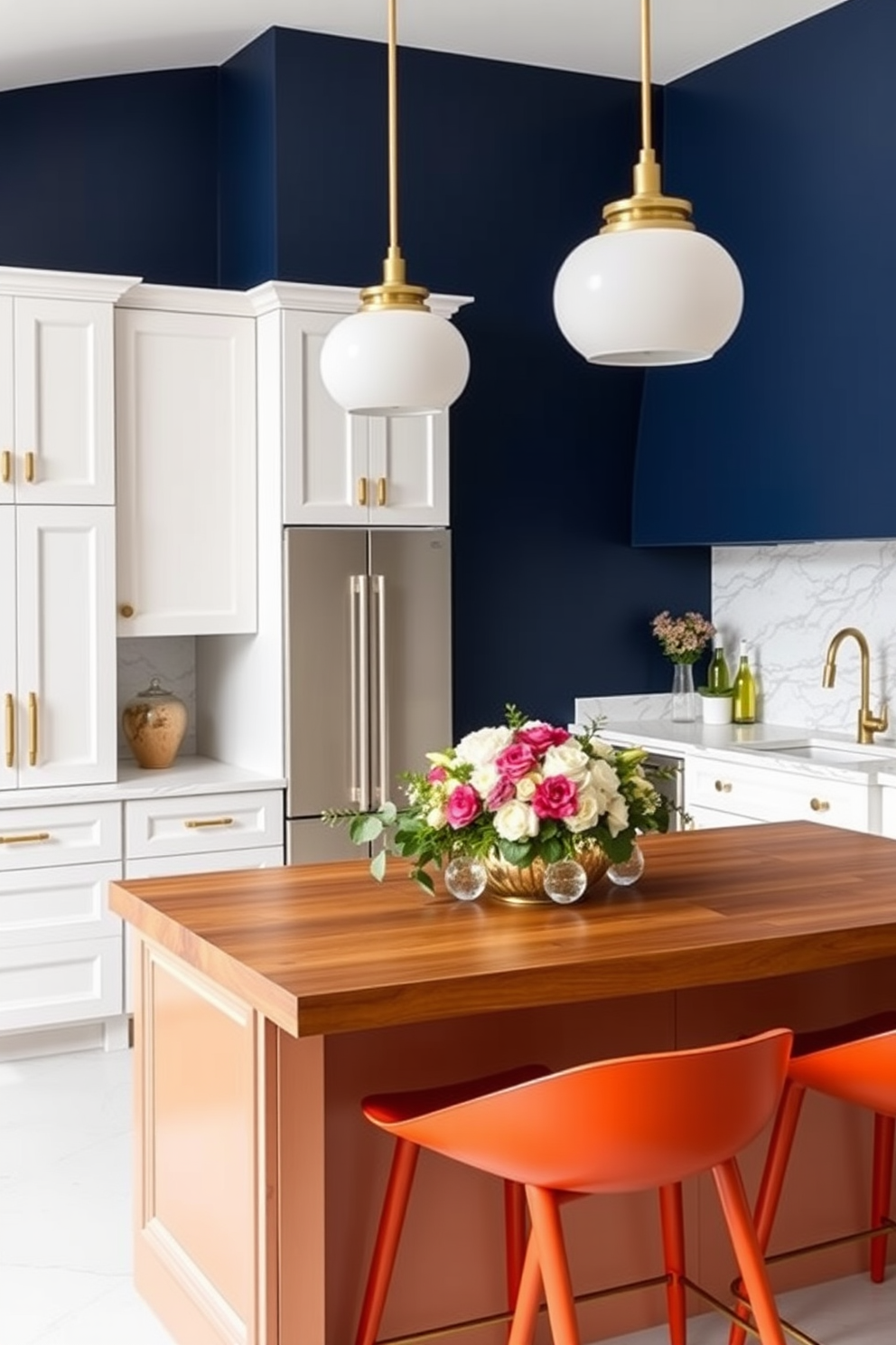 A vibrant kitchen featuring an accent wall painted in a bold navy blue. The cabinetry is a crisp white, complemented by gold hardware and a stunning marble backsplash. The kitchen island is topped with a rich wood surface, adorned with modern bar stools in a contrasting color. A centerpiece of fresh flowers adds a touch of elegance to the space, while pendant lights hang above for a warm glow.