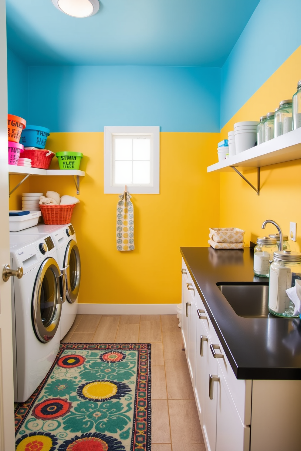 Brighten the laundry room with vibrant wall paint in shades of sunny yellow and sky blue. Incorporate open shelving for storage and display colorful baskets filled with laundry essentials. Add a cheerful rug with a playful pattern to enhance the space's warmth. Install a sleek countertop for folding clothes, accented by decorative jars filled with laundry supplies.