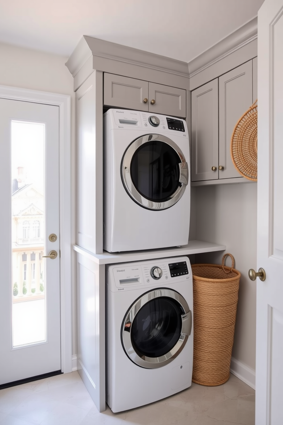 A stylish laundry room featuring a modern design with clean lines and ample natural light. The space includes a sleek white washer and dryer stacked for efficiency, flanked by a custom-built cabinetry in a soft gray finish. In one corner, a chic laundry basket made of woven rattan adds texture and warmth to the room. The walls are painted in a light pastel hue, complemented by a durable yet elegant floor tile that enhances the overall aesthetic.