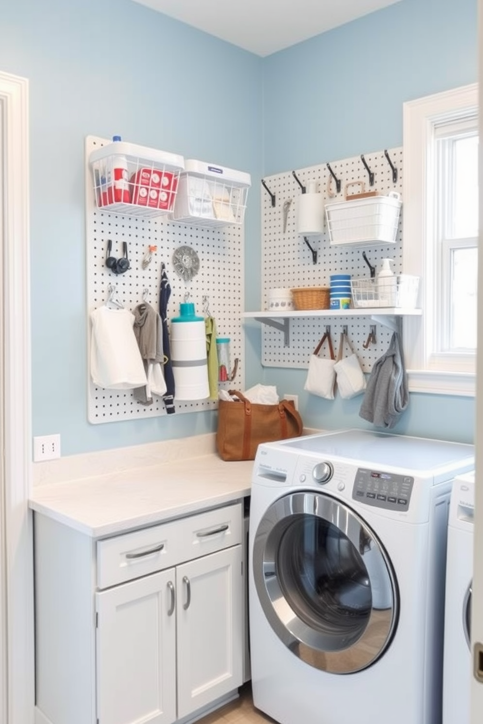 A bright and functional laundry room featuring a pegboard wall for organization. The pegboard is adorned with various hooks and baskets to hold laundry supplies, creating an efficient and stylish workspace. The room is painted in a soft blue hue, enhancing the airy feel. A sleek countertop is positioned beneath the pegboard, providing ample space for folding clothes and sorting laundry.