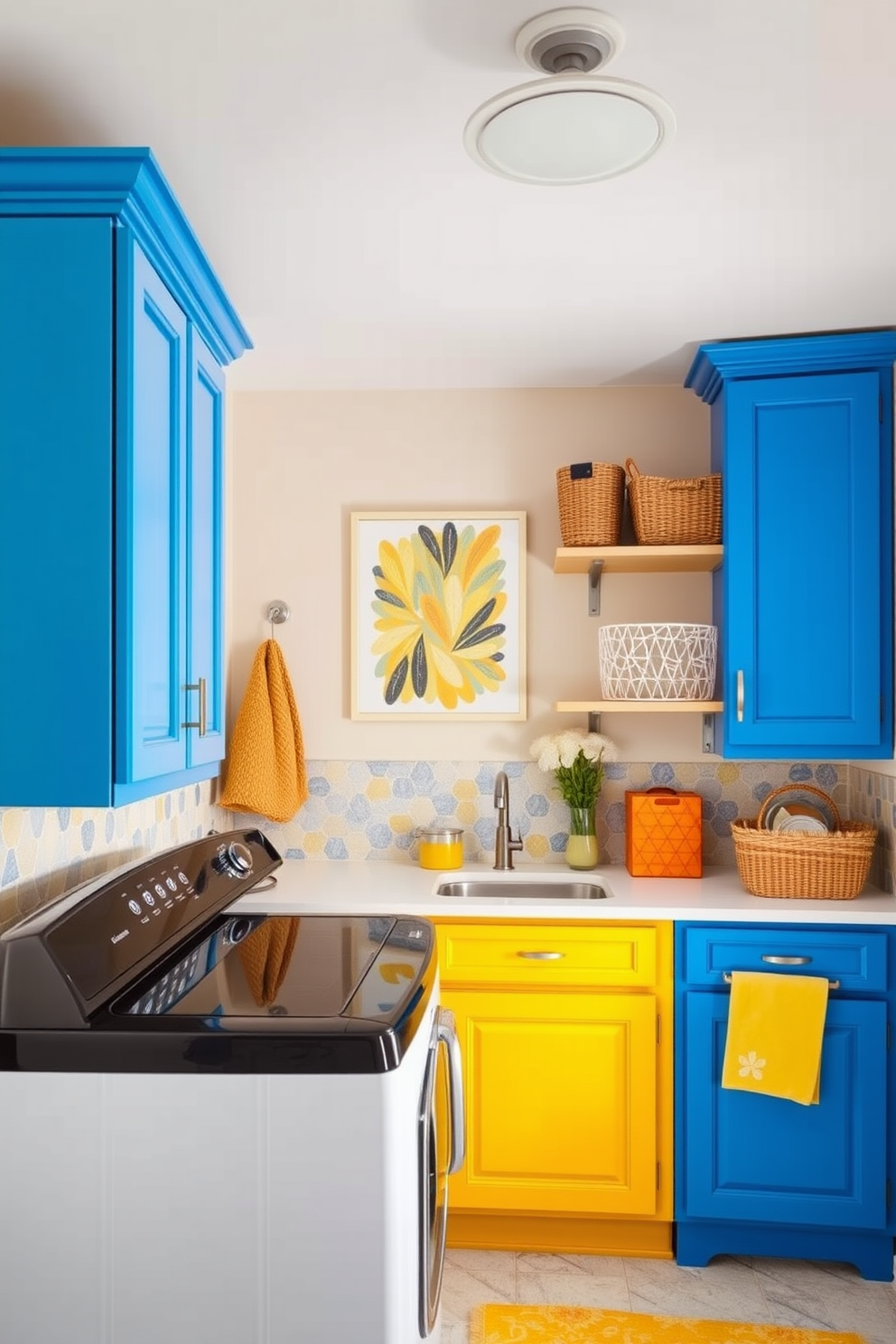 Select colorful cabinets for storage that enhance the vibrancy of the space. Incorporate playful patterns and textures to create a lively atmosphere in the laundry room. Consider a combination of bright blues and sunny yellows for a cheerful look. Add decorative elements like wall art and stylish baskets to complete the decor.