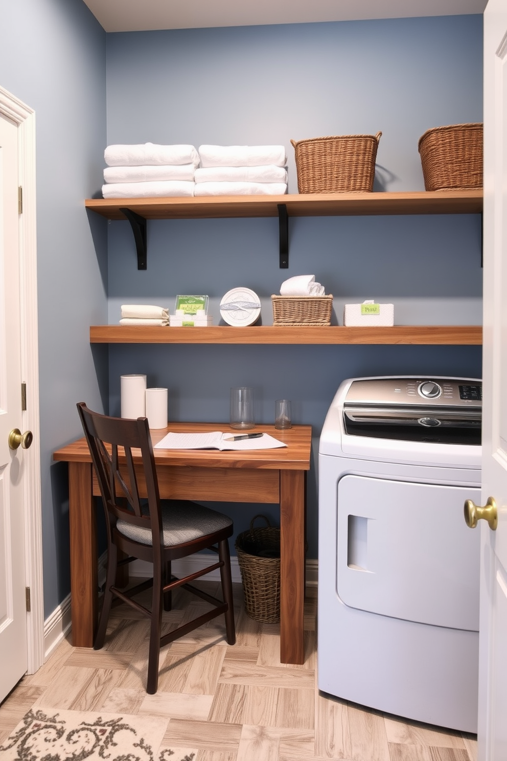 A stylish laundry room features a small desk area seamlessly integrated into the design. The desk is made of reclaimed wood and is accompanied by a comfortable chair, providing a perfect spot for organizing laundry tasks. The walls are painted in a soft blue hue, creating a calming atmosphere. Storage solutions include open shelves above the desk, filled with neatly folded towels and decorative baskets for laundry essentials.