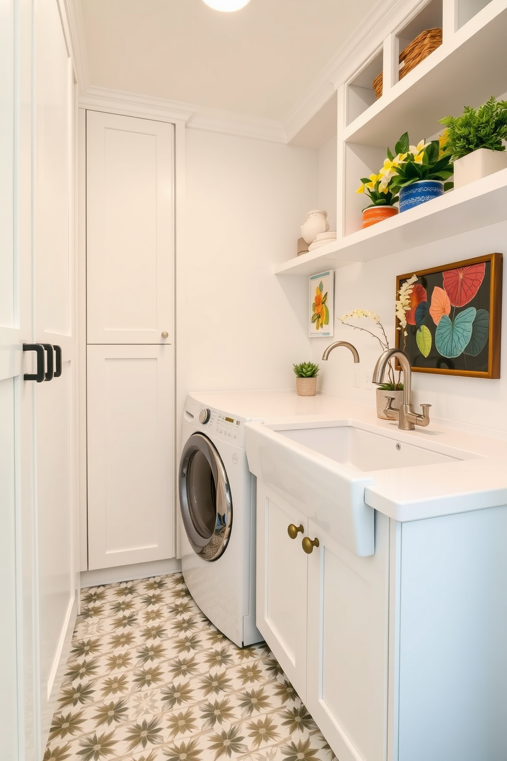 A bright and functional laundry room featuring custom cabinetry with unique hardware such as matte black handles and brushed gold knobs. The walls are painted a crisp white, and the floor is adorned with a cheerful patterned tile that adds a touch of personality. Incorporate a large farmhouse sink with a stylish faucet and open shelving above for easy access to laundry essentials. Decorate the space with vibrant artwork and potted plants to create a welcoming atmosphere for all your laundry needs.