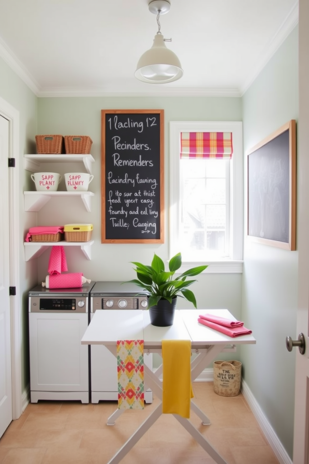 A cozy laundry room featuring a large chalkboard mounted on the wall for reminders and notes. The space is brightened by natural light streaming in through a window, with shelves lined with decorative baskets for organization. The walls are painted in a soft pastel color, creating a cheerful atmosphere. A stylish folding table is placed in the center, surrounded by vibrant accents like colorful towels and a potted plant.