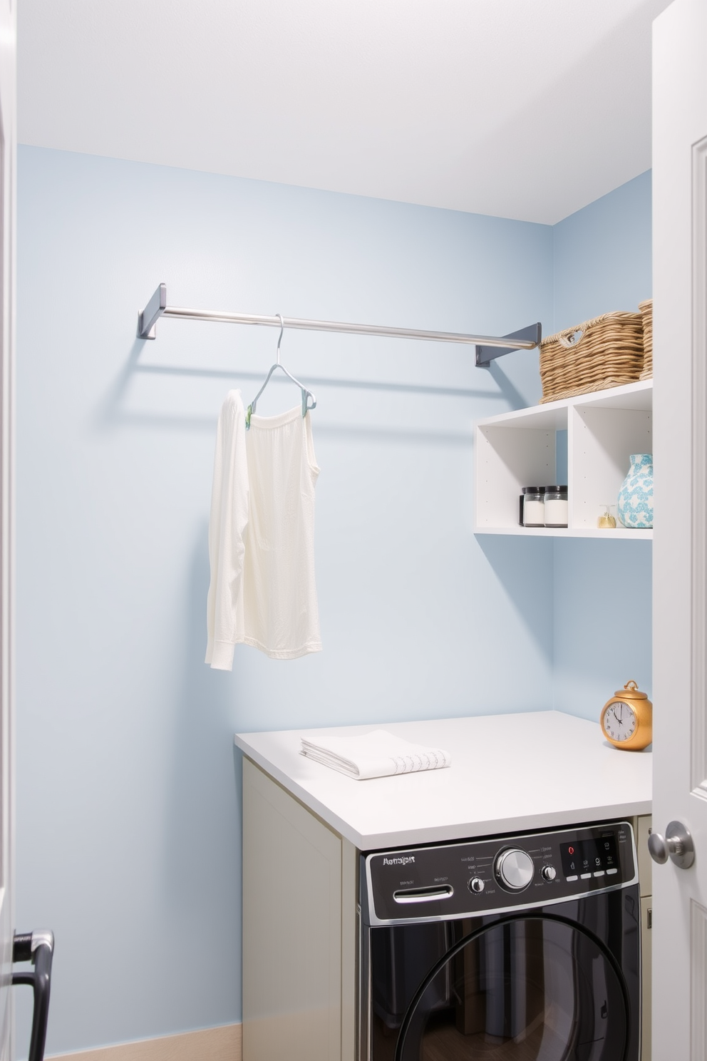 A bright and functional laundry room features a stylish hanging bar made of sleek metal, positioned above a spacious countertop for folding clothes. The walls are painted in a soft blue hue, complemented by open shelving that displays neatly organized baskets and decorative items.