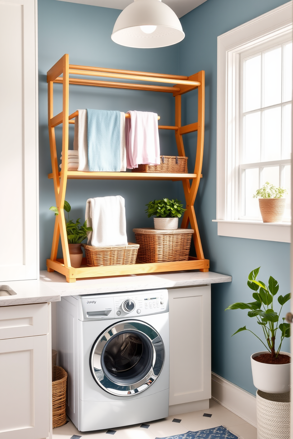 A bright and airy laundry room features a stylish drying rack made of natural wood, elegantly positioned near a large window that allows ample sunlight to flood the space. The walls are painted in a soft blue hue, complemented by white cabinetry and a sleek countertop for folding clothes. In the corner, a vintage-inspired washing machine and dryer are stacked to save space, with decorative baskets underneath for storing laundry essentials. Fresh potted plants add a touch of greenery, creating a welcoming atmosphere perfect for Labor Day laundry room decorating ideas.