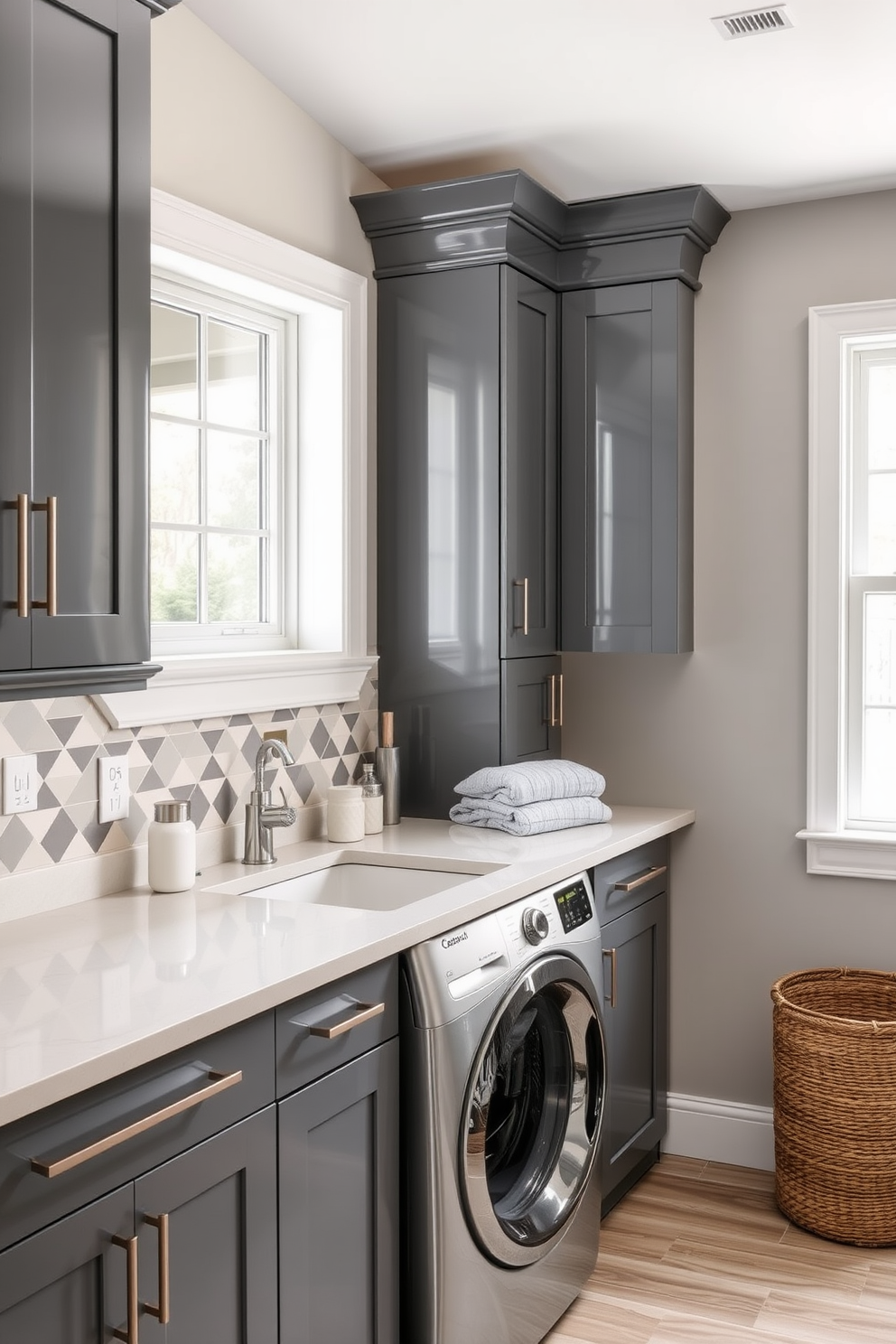 A stylish laundry room featuring sleek cabinetry with a glossy finish and a spacious countertop for folding clothes. Metallic accents are incorporated through brushed nickel hardware and decorative elements, adding a modern touch to the functional space. The walls are painted in a soft gray hue, creating a calm atmosphere, while a vibrant backsplash in a geometric pattern adds visual interest. A large utility sink is positioned under a window, allowing natural light to brighten the room, and a woven basket for laundry sits neatly in the corner.