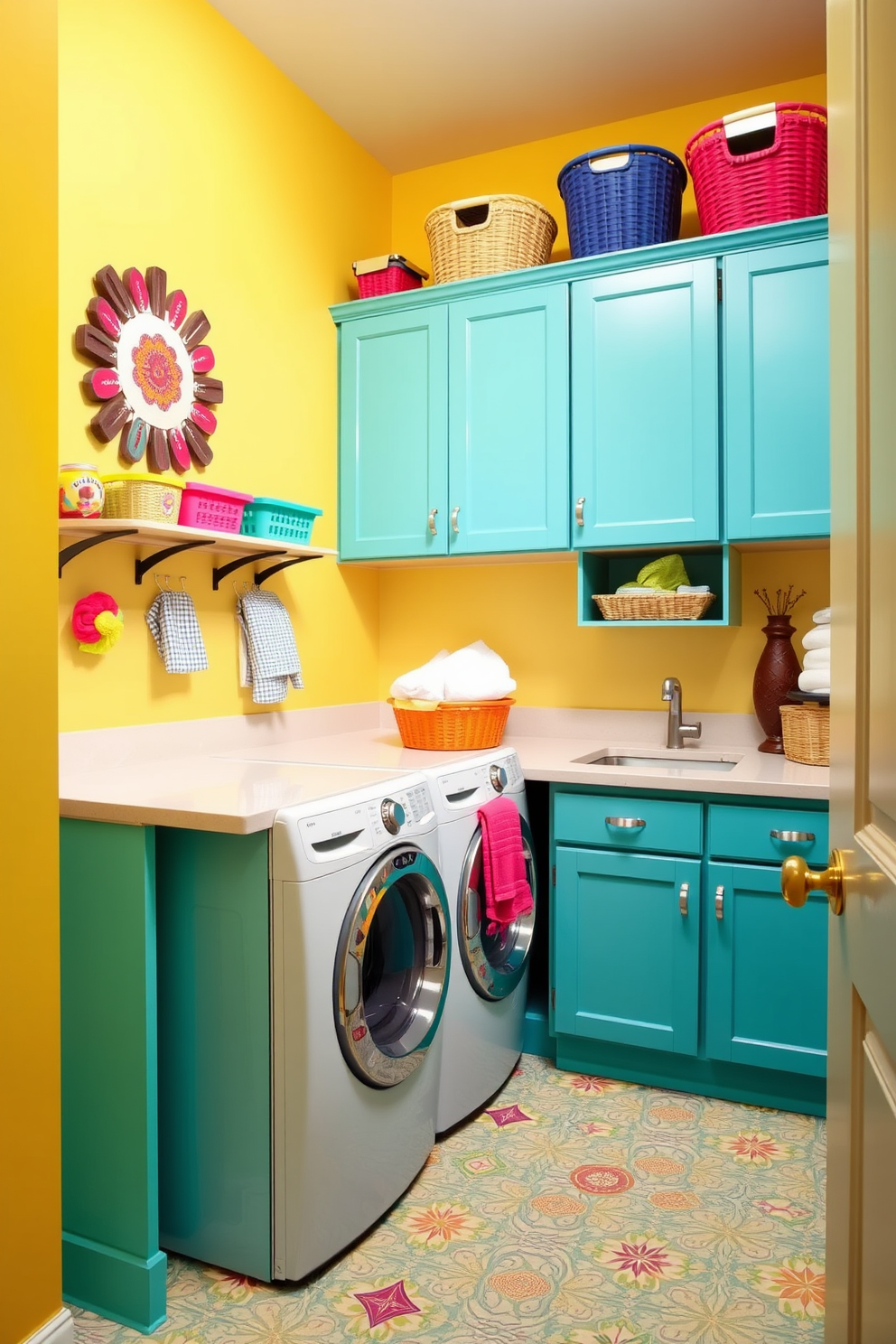 A vibrant laundry room filled with playful colors and cheerful decor. The walls are painted in a bright yellow hue, while the cabinets are a lively turquoise, creating an energetic atmosphere. A spacious countertop is adorned with colorful baskets for sorting laundry, and a whimsical wall art piece adds personality. The floor features a fun, patterned vinyl that ties the color scheme together, making the space both functional and inviting.