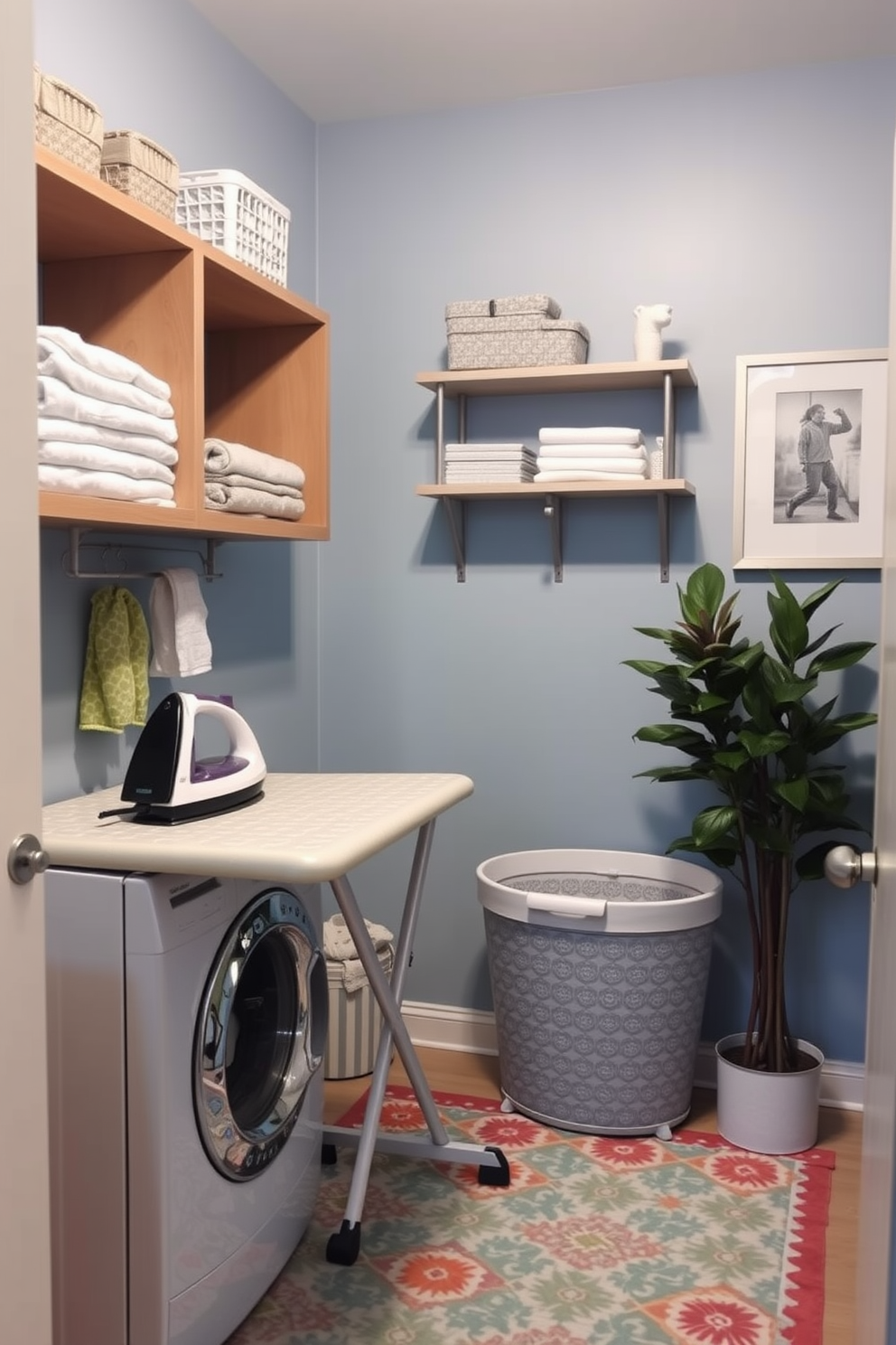 A cozy laundry room featuring a mini ironing station with a compact ironing board and a stylish iron. The walls are painted in a soft blue hue, creating a calm atmosphere, while open shelving displays neatly folded towels and laundry essentials. A decorative laundry basket sits in one corner, accompanied by a vibrant plant that adds a touch of greenery. The floor is adorned with a cheerful patterned rug, providing comfort underfoot while enhancing the overall decor.