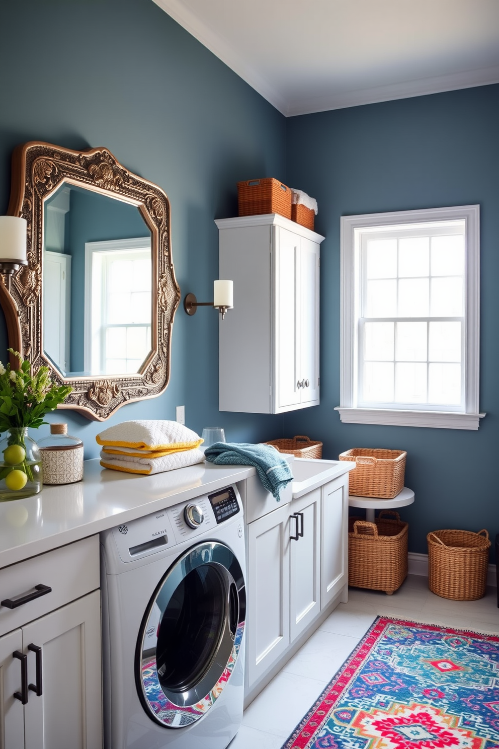 A stylish laundry room featuring a statement mirror that adds depth and elegance to the space. The walls are painted in a soft blue hue, complemented by white cabinetry and a sleek countertop for folding clothes. Incorporate decorative elements such as woven baskets for storage and a vibrant rug that adds a pop of color. The room is well-lit with natural light streaming in through a window, creating an inviting atmosphere for laundry tasks.