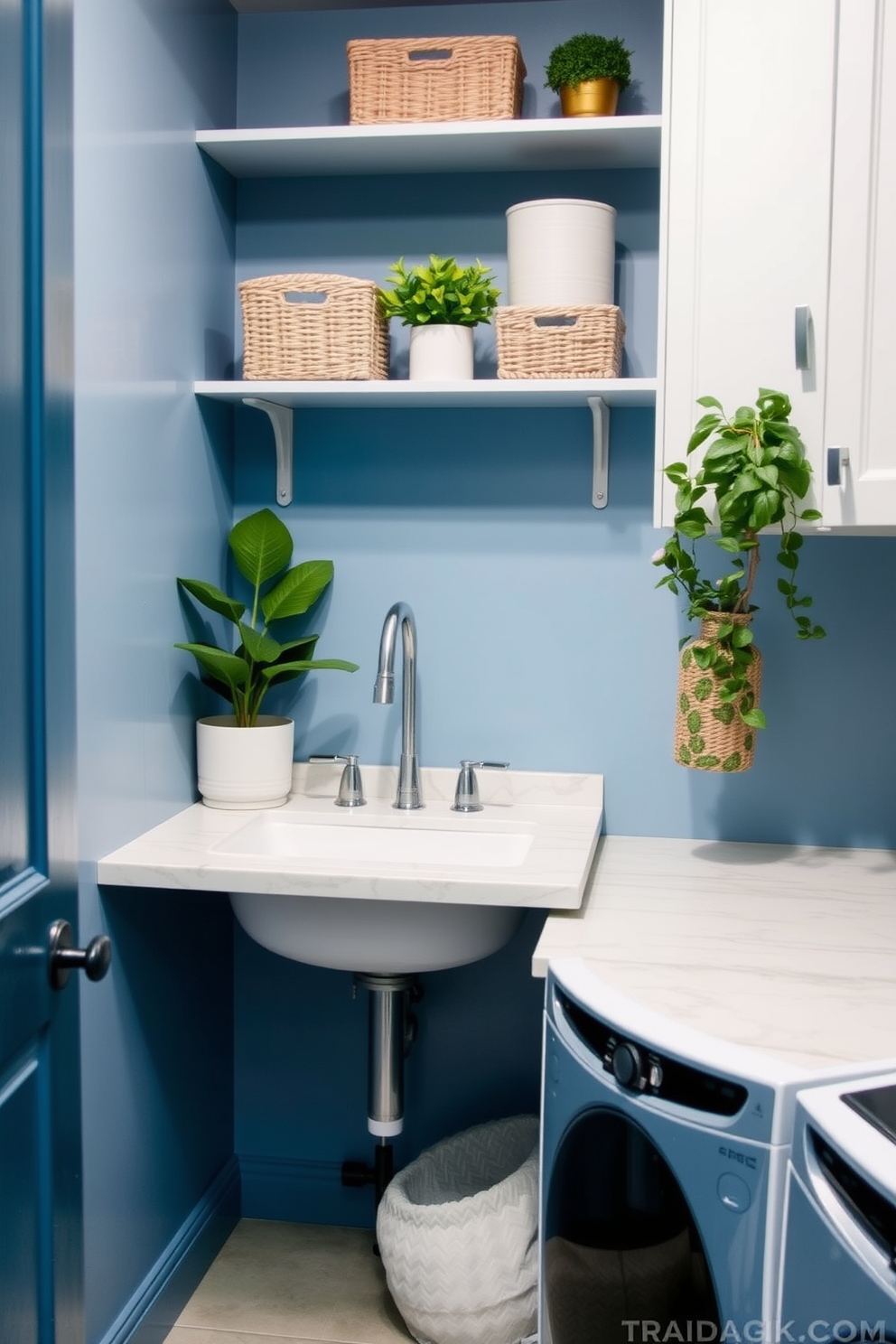 A practical utility sink is the focal point of a well-organized laundry room. It is paired with a stylish countertop that offers ample workspace for sorting and folding laundry. The walls are painted in a soft blue hue, creating a calm and inviting atmosphere. Shelves above the sink are filled with neatly arranged storage baskets and decorative plants, enhancing both functionality and aesthetics.