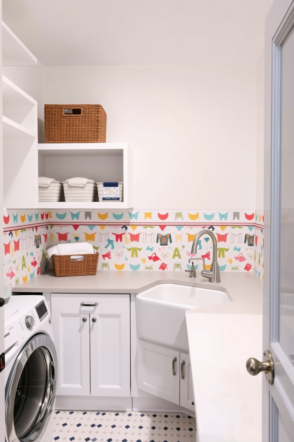 A vibrant laundry room featuring a playful wallpaper border that showcases colorful patterns of clotheslines and laundry symbols. The walls are painted a crisp white, creating a bright and airy atmosphere, while the border adds a cheerful touch to the overall design. Incorporate functional storage solutions such as open shelving and stylish baskets to keep the space organized. A large, farmhouse-style sink sits in the corner, complemented by a sleek countertop for folding clothes and sorting laundry.