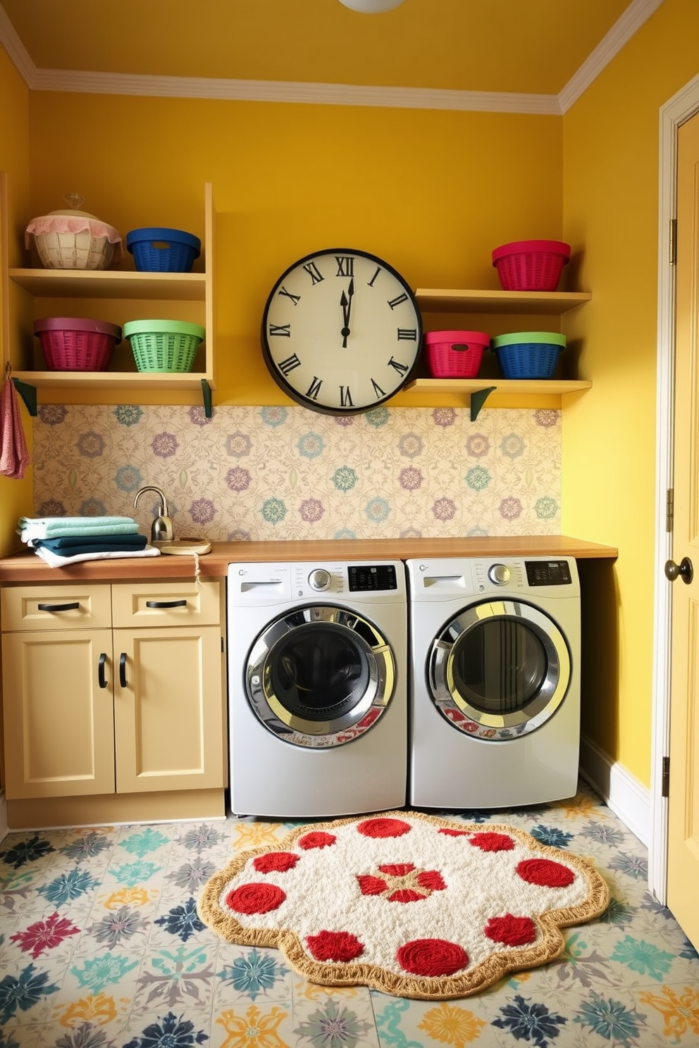 A whimsical laundry room featuring a unique clock design that adds a playful touch to the space. The walls are painted in a cheerful yellow hue, and the floor is adorned with colorful patterned tiles that enhance the lively atmosphere. Incorporate a spacious wooden countertop for folding clothes, complemented by open shelves displaying vibrant storage baskets. A vintage washing machine and dryer sit side by side, with a charming rug placed in front to provide comfort while doing laundry.