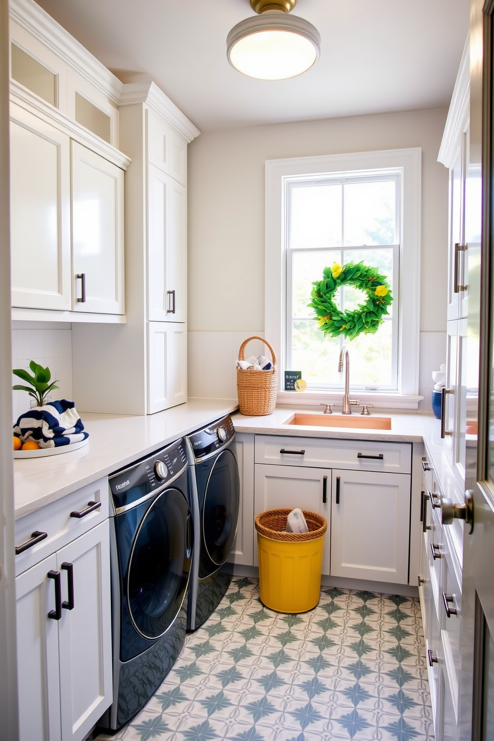 Labor Day Laundry Room Decorating Ideas Create a bright and airy laundry room featuring white cabinets and a large window that allows natural light to flood the space. Include a stylish countertop for folding clothes, adorned with a small potted plant and a woven basket for storage. Incorporate a cheerful color palette with accents of navy blue and sunny yellow. The floor should be covered with a durable, patterned vinyl that adds a fun touch while being easy to clean.