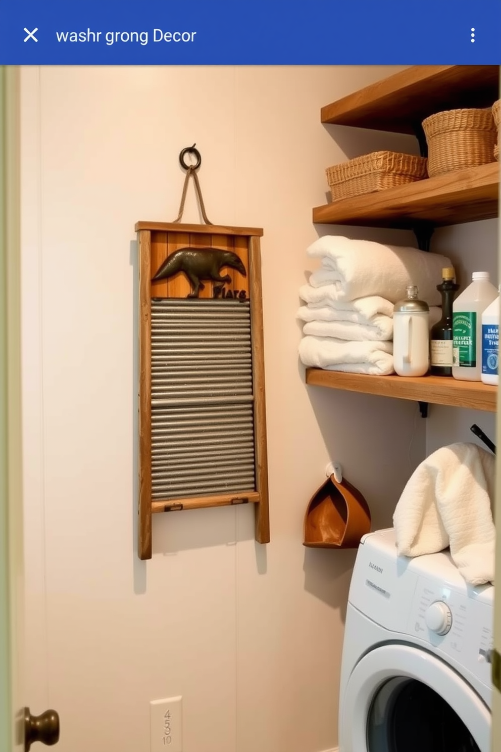 A charming laundry room featuring a vintage washboard displayed as decor. The walls are painted in a soft pastel shade, and rustic shelving holds neatly folded towels and laundry supplies.