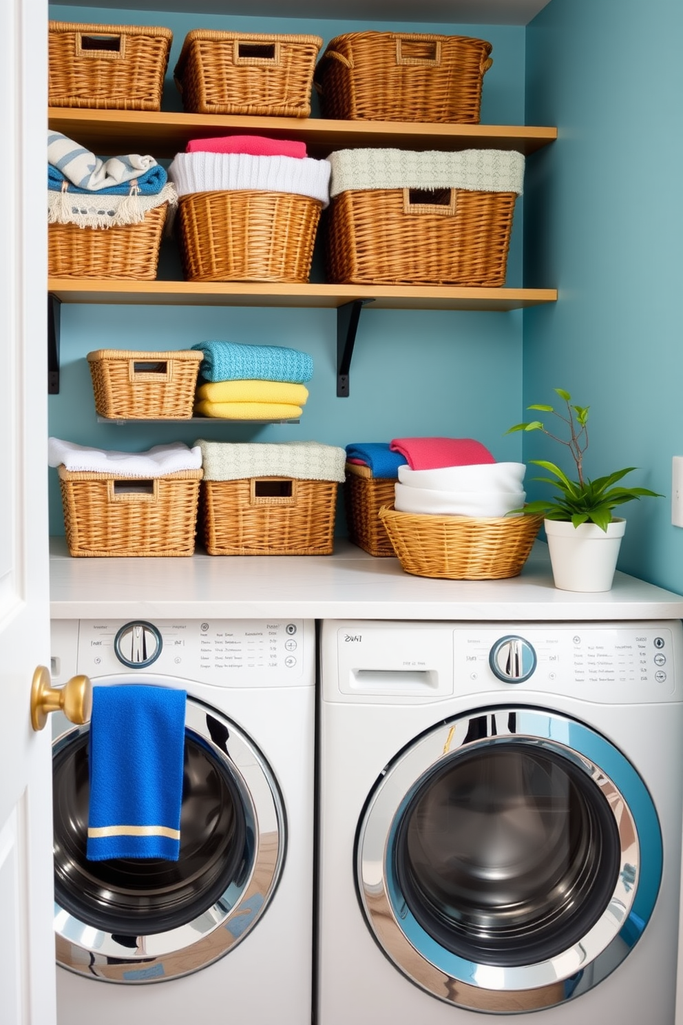 A bright and cheerful laundry room features decorative storage baskets arranged on open shelving. The baskets are filled with neatly folded towels and colorful linens, adding a pop of color to the space. The walls are painted a soft blue, creating a refreshing backdrop for the room. A stylish countertop above the washer and dryer provides additional workspace, adorned with a small potted plant for a touch of greenery.