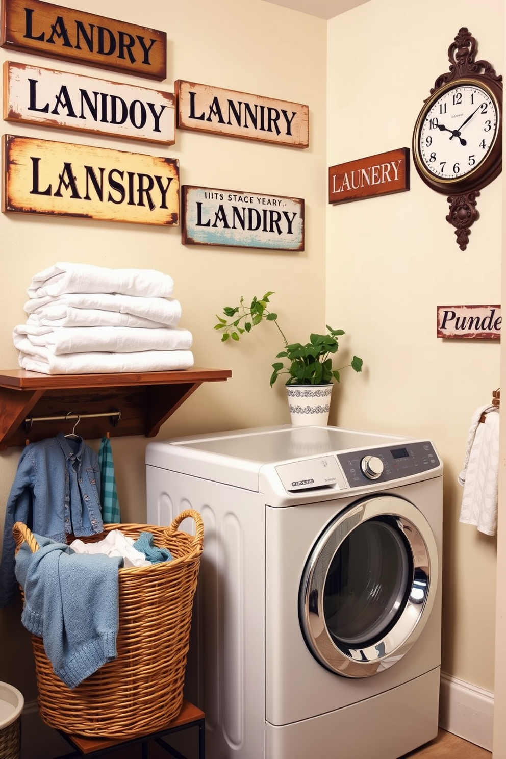 A charming laundry room featuring vintage-inspired laundry signs adorning the walls. The decor includes a rustic wooden shelf holding neatly folded towels and a classic wicker basket filled with freshly laundered clothes. The walls are painted in a soft pastel hue, creating a warm and inviting atmosphere. A vintage-style washing machine sits prominently in the corner, complemented by a decorative wall clock and a potted plant for a touch of greenery.