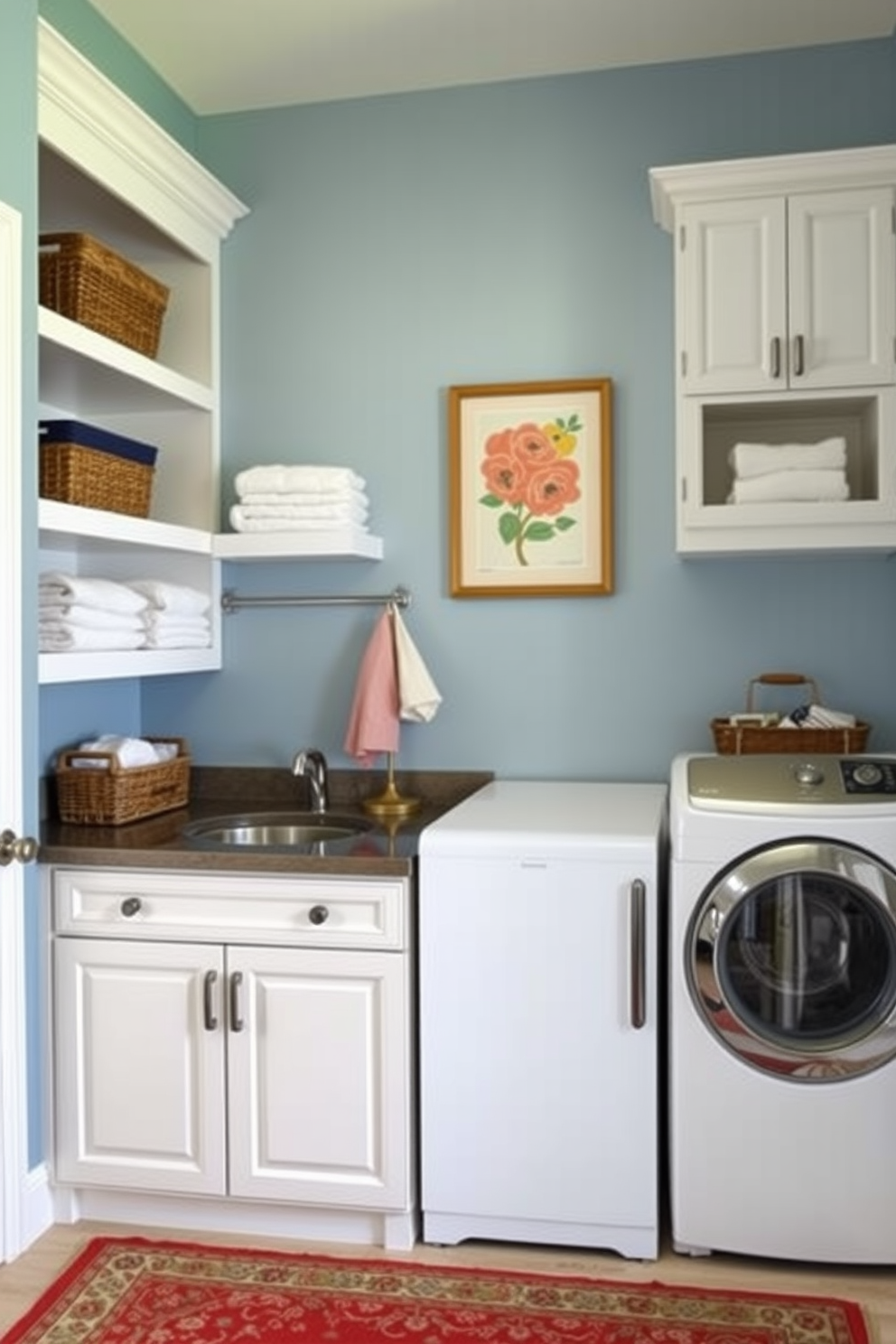 A stylish laundry room featuring a folding station with elegant cabinetry and ample storage space. The walls are painted in a soft blue hue, complemented by white shelving that displays neatly folded towels and decorative baskets. The folding station is topped with a sleek countertop, offering a functional yet chic space for organizing laundry. A cheerful wall art piece adds a pop of color, while a vintage rug anchors the room with warmth and character.