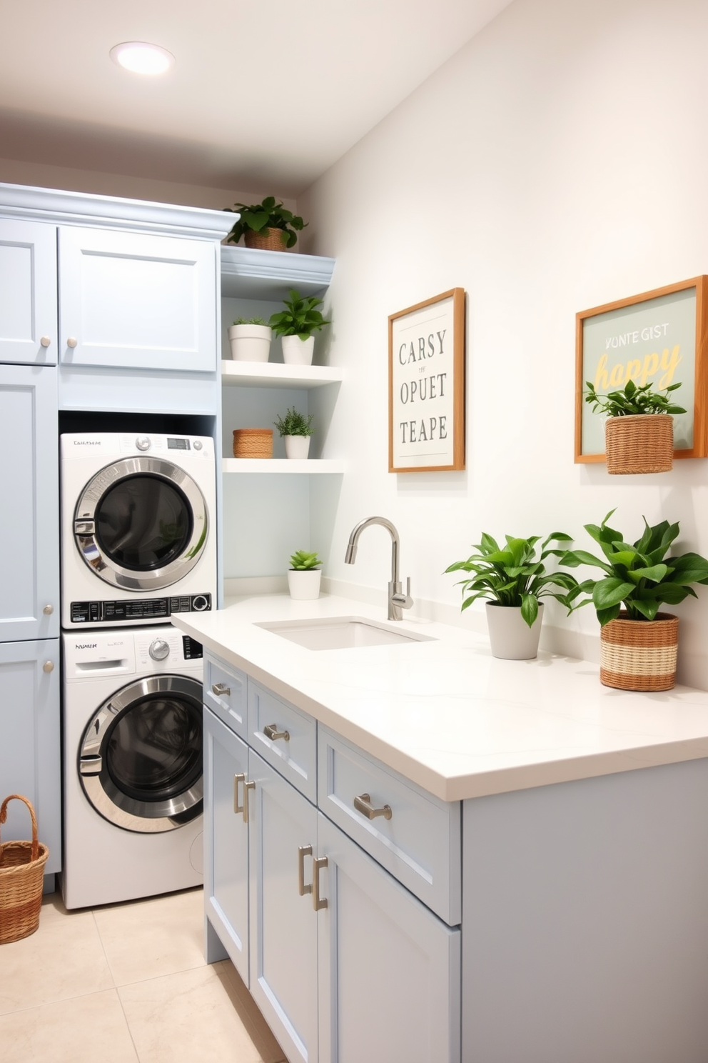 A bright and airy laundry room features a spacious countertop made of white quartz, providing ample space for folding clothes. On the left side, a stackable washer and dryer are neatly tucked away, surrounded by soft blue cabinetry that adds a pop of color. To enhance the space, potted plants are strategically placed on the countertop and shelves, bringing a touch of freshness and life. Decorative baskets are used for storage, while a cheerful wall art piece adds personality to the room.