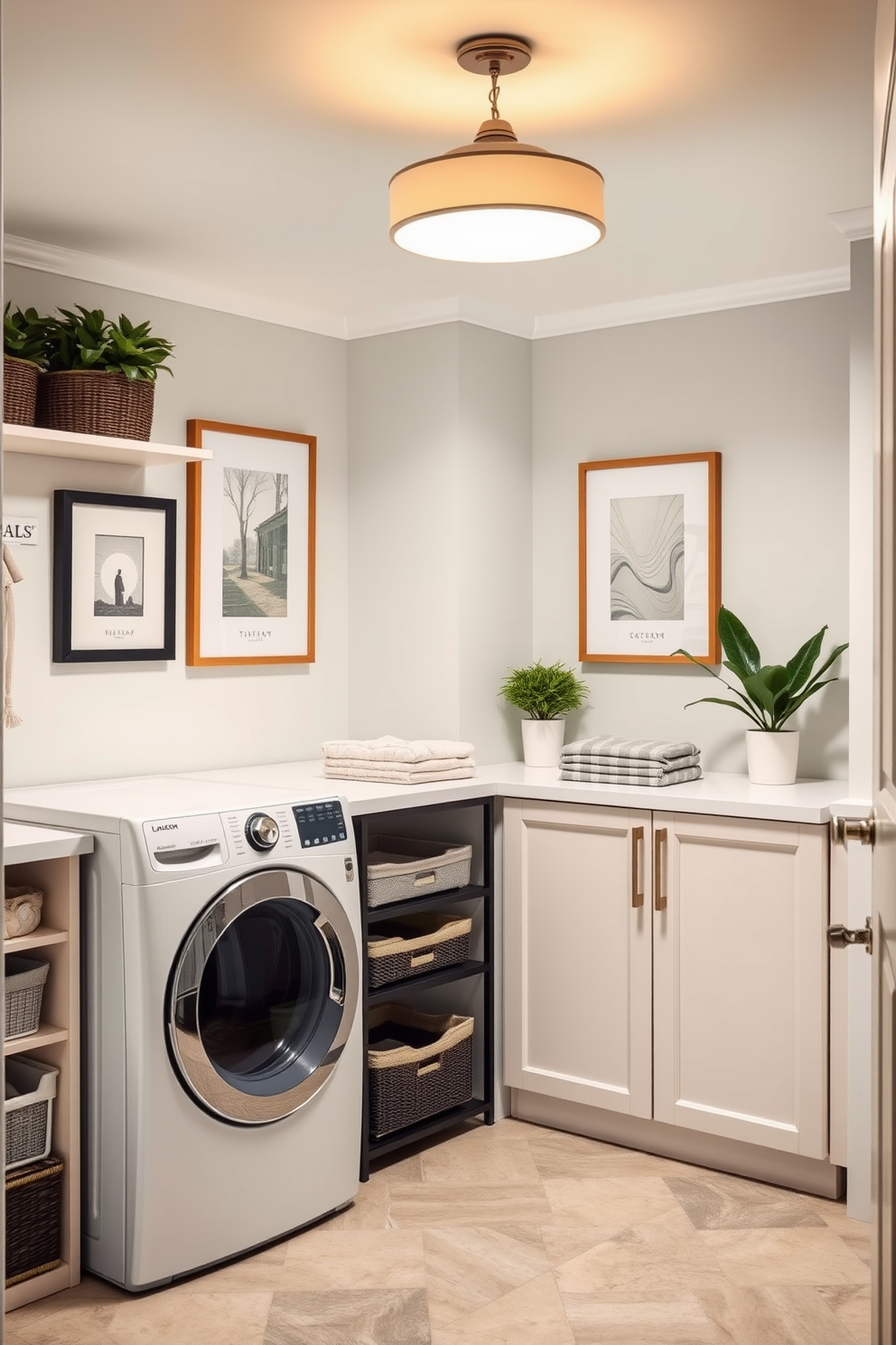 A chic laundry room setting featuring a stylish light fixture overhead that casts a warm glow. The space includes a modern washer and dryer paired with a sleek countertop for folding clothes, surrounded by organized storage solutions. The walls are painted in a soft pastel shade, creating a calm and inviting atmosphere. Decorative elements like framed artwork and potted plants add personality and charm to the room.