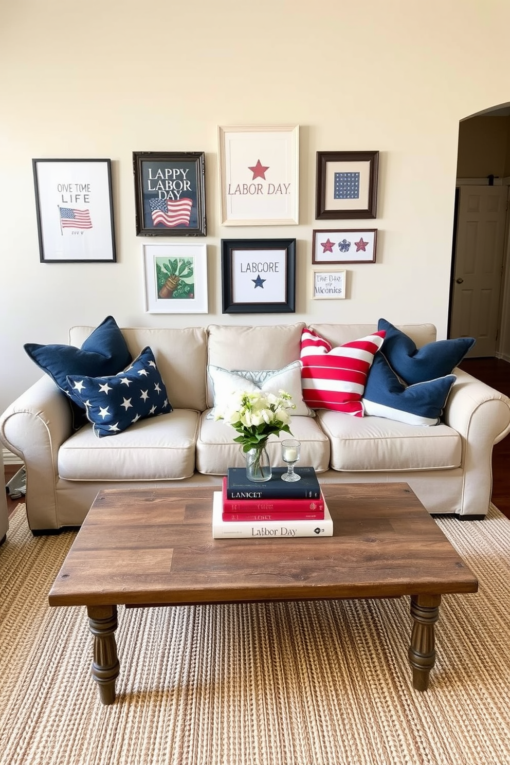 A cozy living room setting featuring a comfortable sofa adorned with red, white, and blue throw pillows that add a festive touch. The walls are painted in a soft beige tone, and a rustic coffee table sits in the center, topped with a few decorative books and a small vase of fresh flowers. In the background, a gallery wall displays framed art pieces that celebrate Labor Day themes. A woven area rug anchors the space, providing warmth and texture to the overall design.