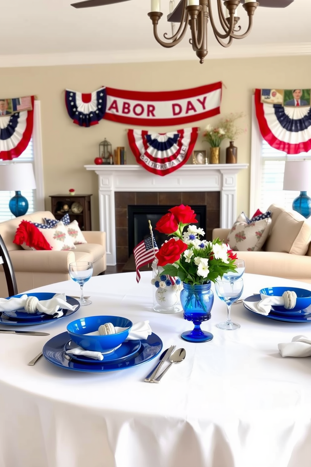 A beautifully arranged table setting featuring elegant themed dinnerware. The table is adorned with a crisp white tablecloth, complemented by vibrant blue plates and matching napkins. A cozy living room decorated for Labor Day with patriotic accents. Plush red, white, and blue throw pillows adorn the sofa, while a festive banner hangs above the fireplace.