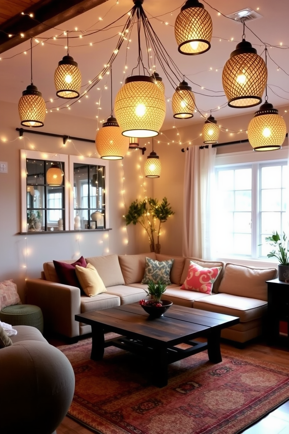 A cozy living room adorned with decorative lanterns hanging from the ceiling, casting a warm glow throughout the space. Soft string lights are intertwined with the lanterns, adding a whimsical touch to the ambiance. The room features a plush sectional sofa in a neutral tone, complemented by vibrant throw pillows. A rustic coffee table sits at the center, surrounded by an inviting area rug that ties the decor together.