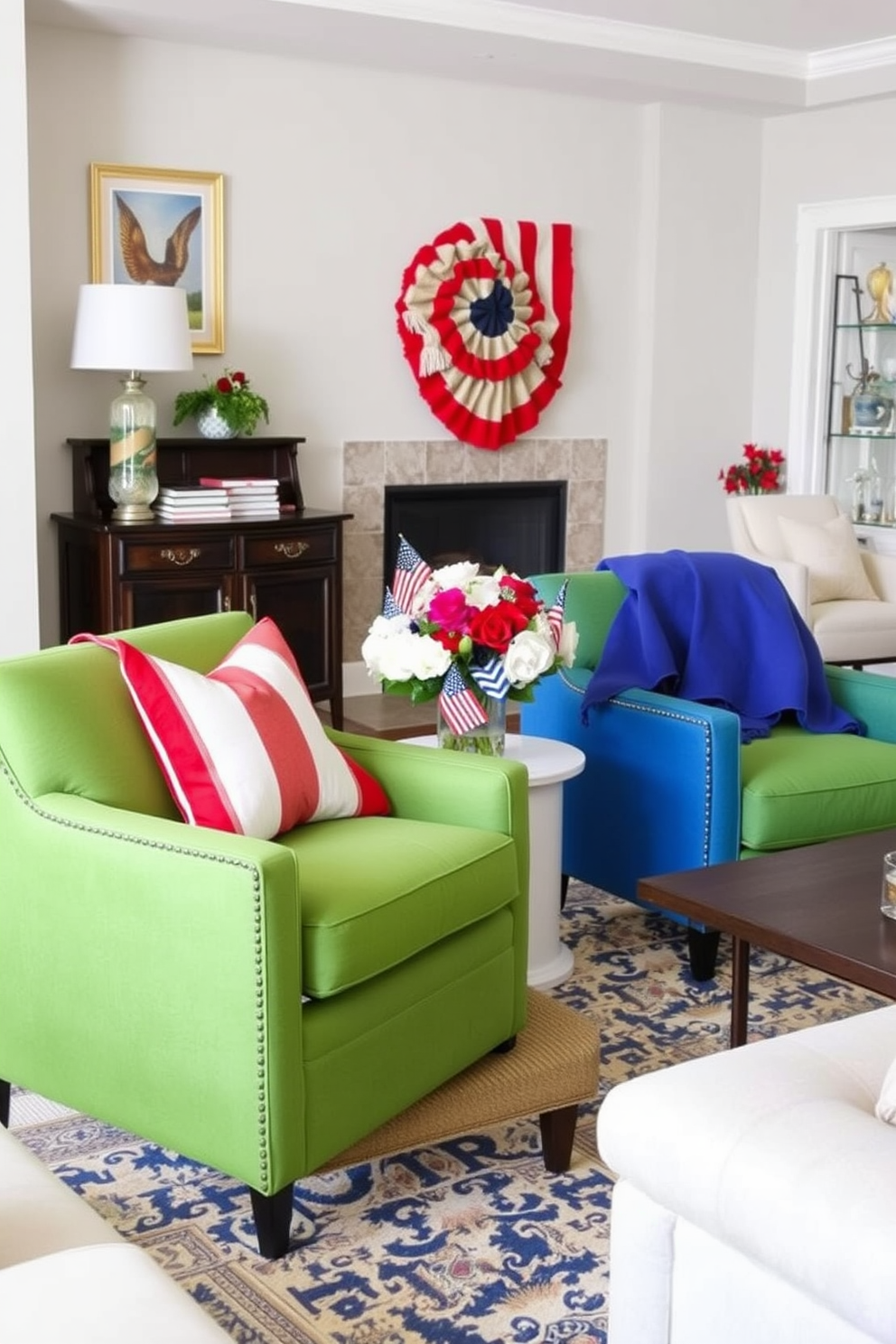 Accent chairs in bold colors create a vibrant focal point in the living room. These chairs are upholstered in rich hues like emerald green and royal blue, adding a playful contrast to neutral furnishings. For Labor Day, the living room is adorned with festive decor that celebrates the holiday. Cozy throws in red, white, and blue are draped over the chairs, while a centerpiece of seasonal flowers brings a touch of freshness to the space.