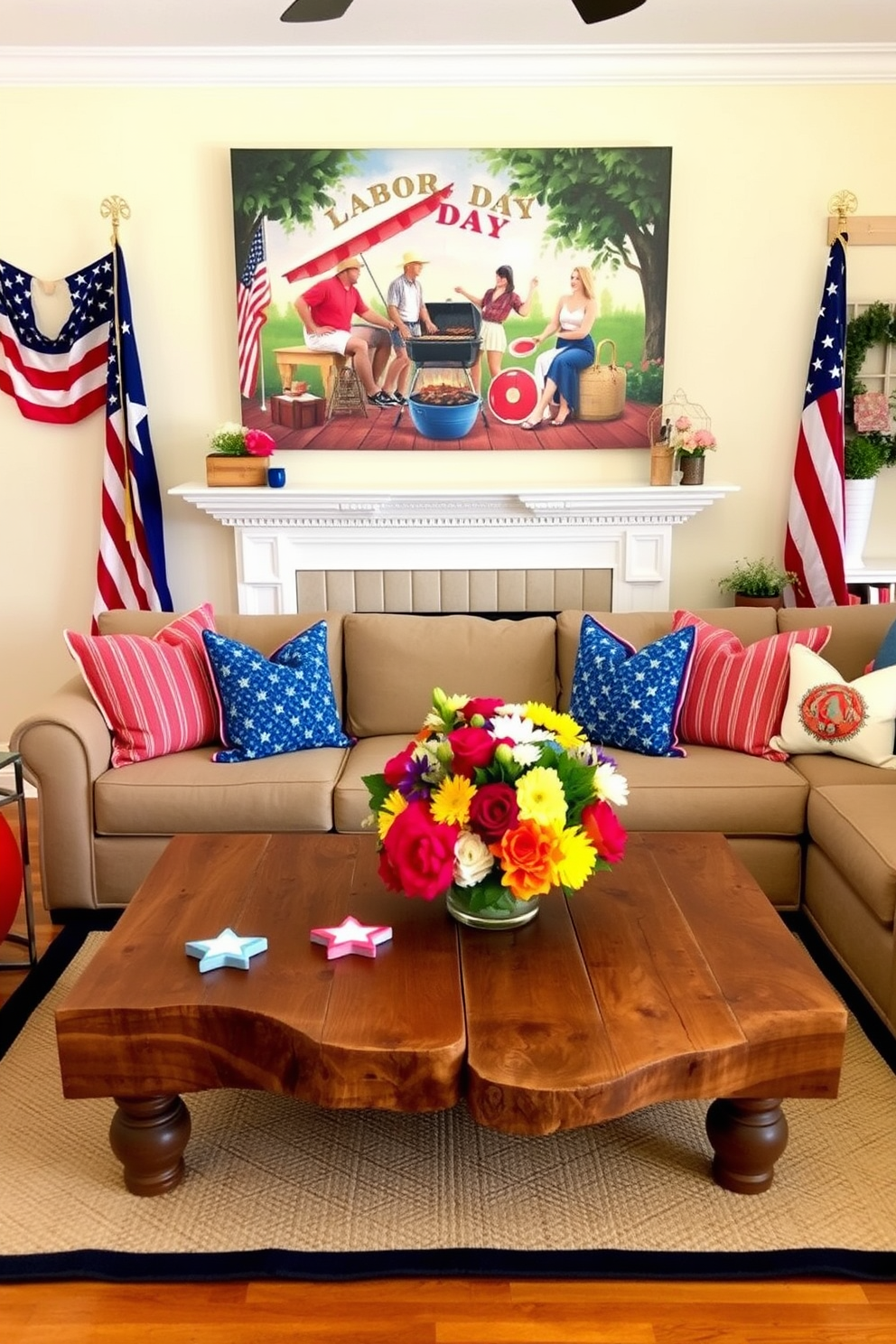 A vibrant living room showcasing Labor Day themes. The space features a cozy sectional sofa adorned with red, white, and blue throw pillows, and a large canvas painting depicting a festive Labor Day barbecue scene hangs above the mantel. A rustic coffee table made of reclaimed wood sits in the center, surrounded by colorful accents like star-shaped coasters and a bouquet of seasonal flowers. The walls are painted a soft cream, enhancing the warm, inviting atmosphere perfect for celebrating the holiday.