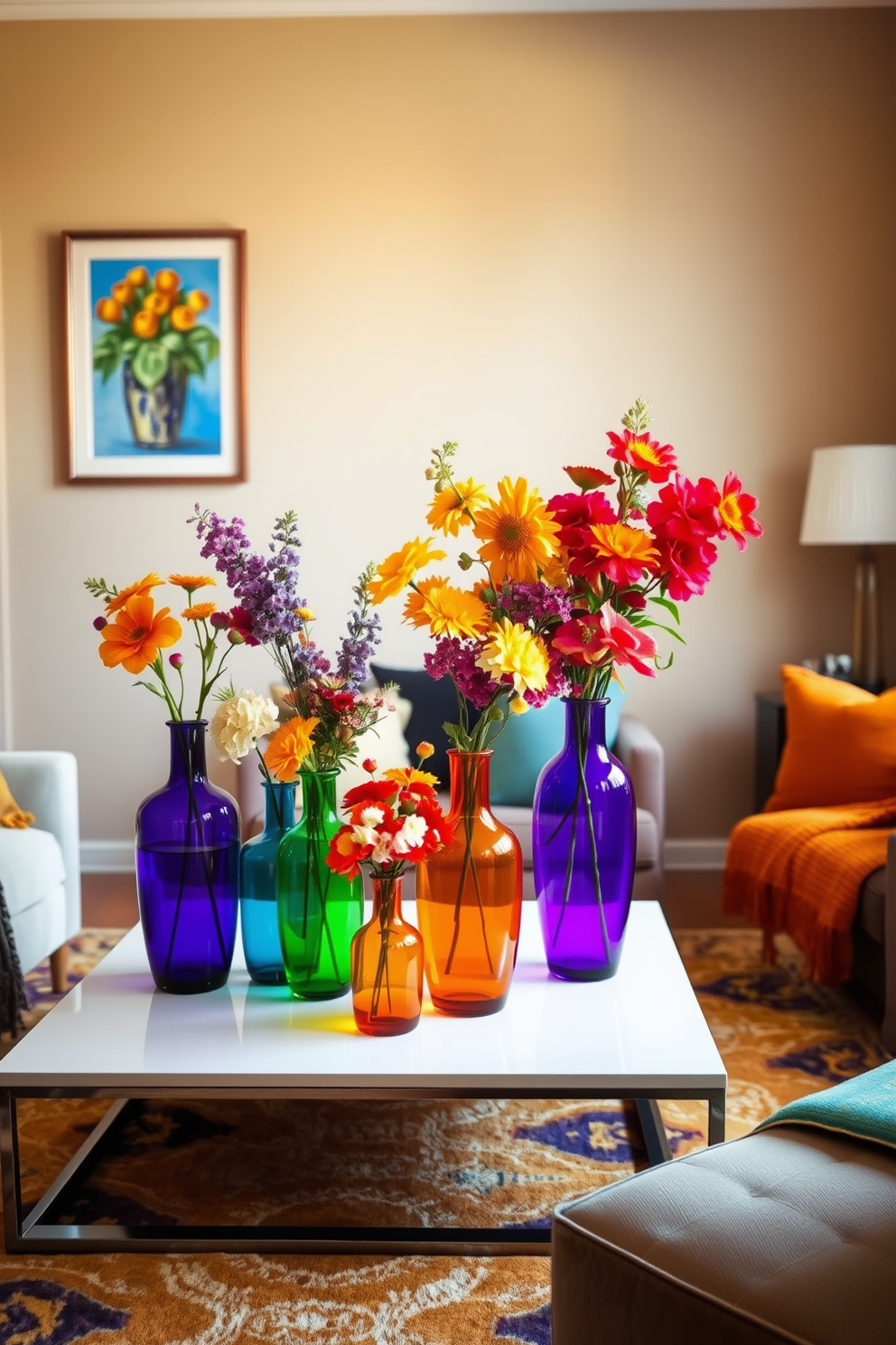 A vibrant living room adorned with colorful vases filled with seasonal flowers. The vases are arranged on a sleek coffee table, surrounded by plush seating and warm, inviting textiles. The walls are painted in a soft beige tone, creating a cozy backdrop for the lively decor. A statement rug anchors the space, while tasteful artwork adds character and charm to the room.