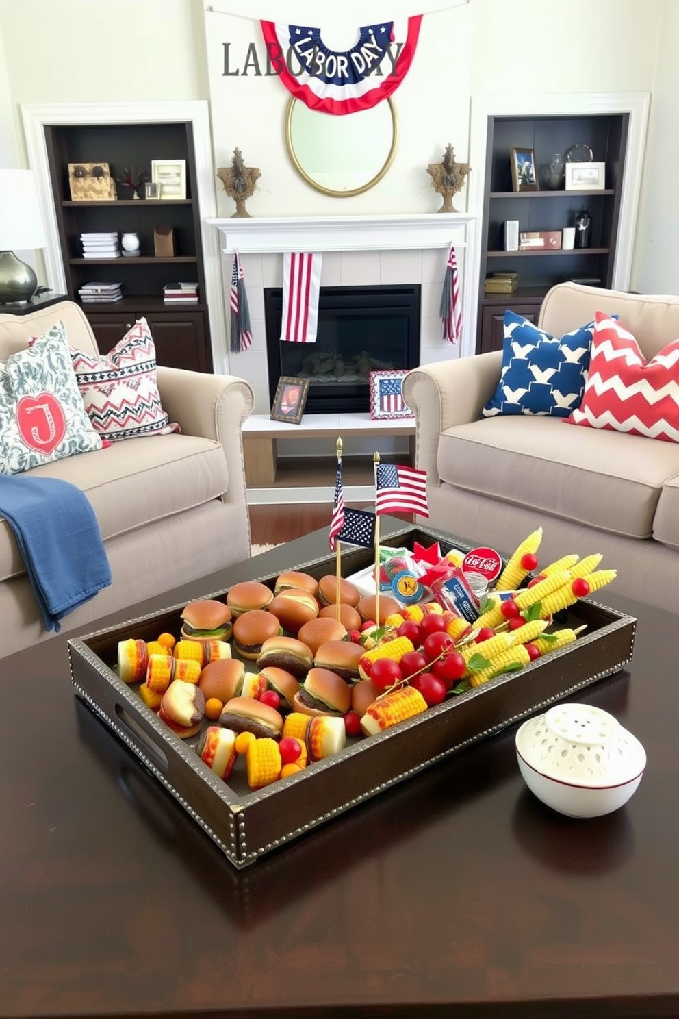 A cozy living room setting designed for Labor Day celebrations. A large decorative tray sits on the coffee table, filled with seasonal snacks like mini burgers, corn on the cob, and fresh fruit skewers. Around the tray, comfortable seating invites guests to relax. The space is adorned with red, white, and blue accents, including throw pillows and a festive banner hanging above the mantel.