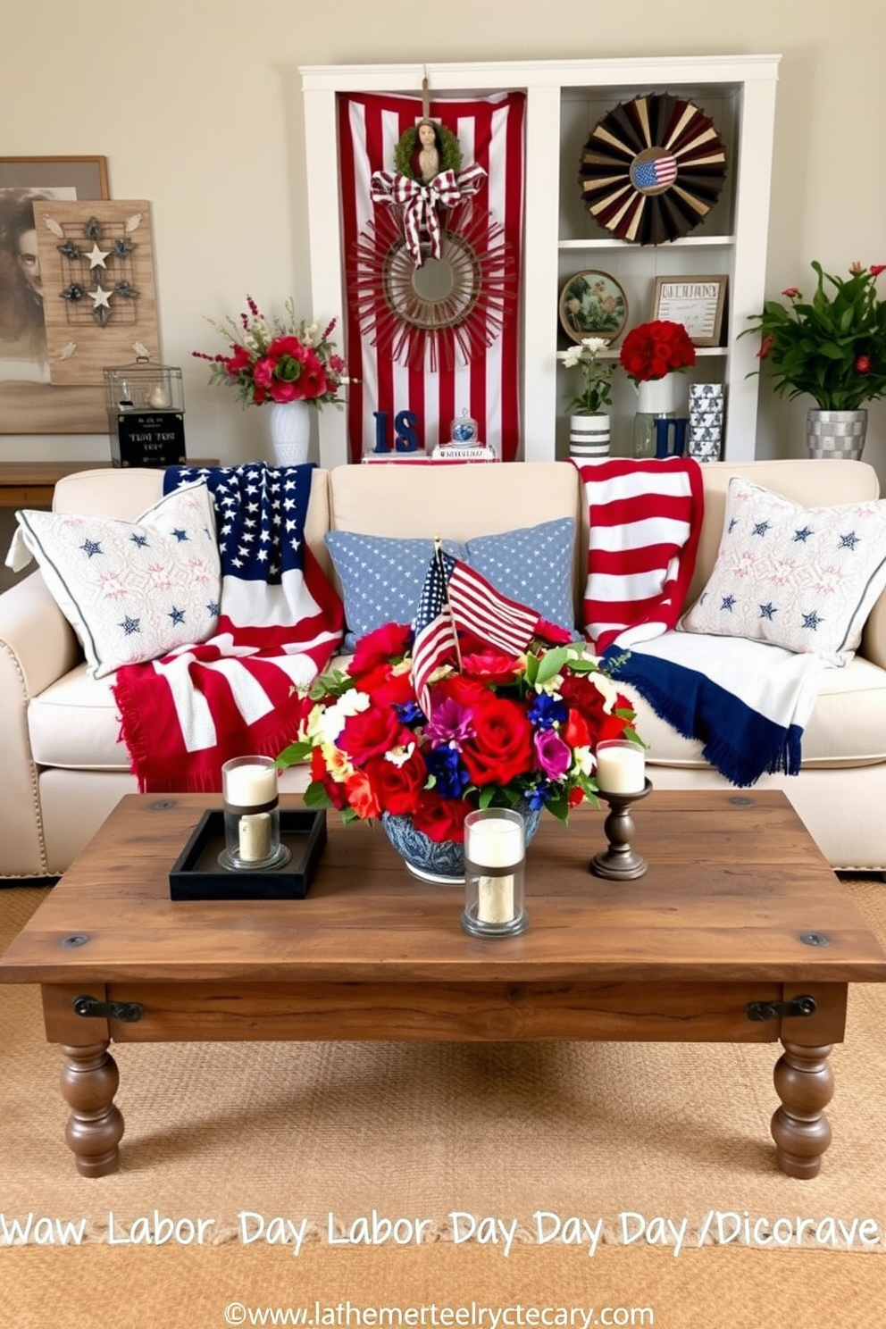 A cozy living room adorned with patriotic themed throw blankets in red white and blue hues. The blankets are draped over a plush cream sofa paired with a rustic wooden coffee table. Festive decorations celebrate Labor Day with vibrant accents and seasonal touches. A centerpiece of fresh flowers in bold colors sits atop the table surrounded by candles in decorative holders.