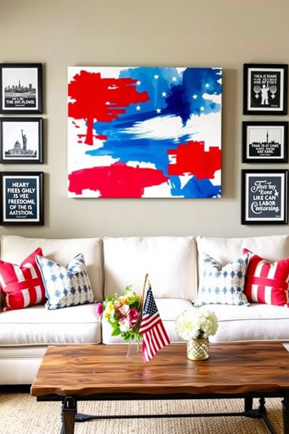 A patriotic themed wall art display featuring a large canvas with an abstract representation of the American flag. Surrounding the canvas are smaller framed prints of iconic American landmarks and inspirational quotes about freedom and unity. For Labor Day living room decorating ideas, incorporate red, white, and blue throw pillows on a neutral sofa. Add a rustic coffee table adorned with seasonal flowers and a small American flag centerpiece for a festive touch.