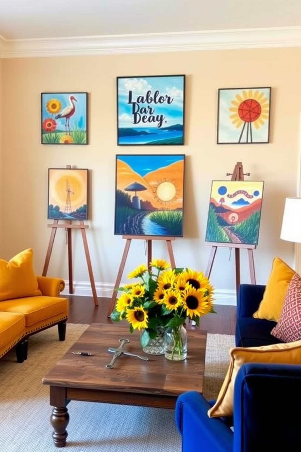 A vibrant living room adorned with seasonal artwork displayed on elegant easels. The walls are painted in a soft beige, creating a warm backdrop for the colorful pieces that celebrate the spirit of Labor Day. Plush seating arrangements in rich tones of navy and mustard invite relaxation and conversation. A rustic coffee table, topped with a bouquet of sunflowers, complements the cheerful atmosphere of the space.