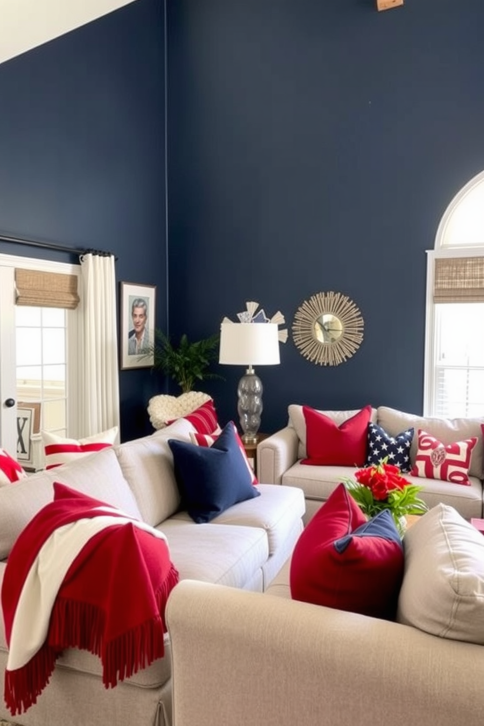 Accent wall painted in bold colors. The wall features a deep navy blue hue that contrasts beautifully with the light gray furniture in the room. Labor Day Living Room Decorating Ideas. The space is adorned with cozy throws and pillows in red, white, and blue, creating a festive yet inviting atmosphere.