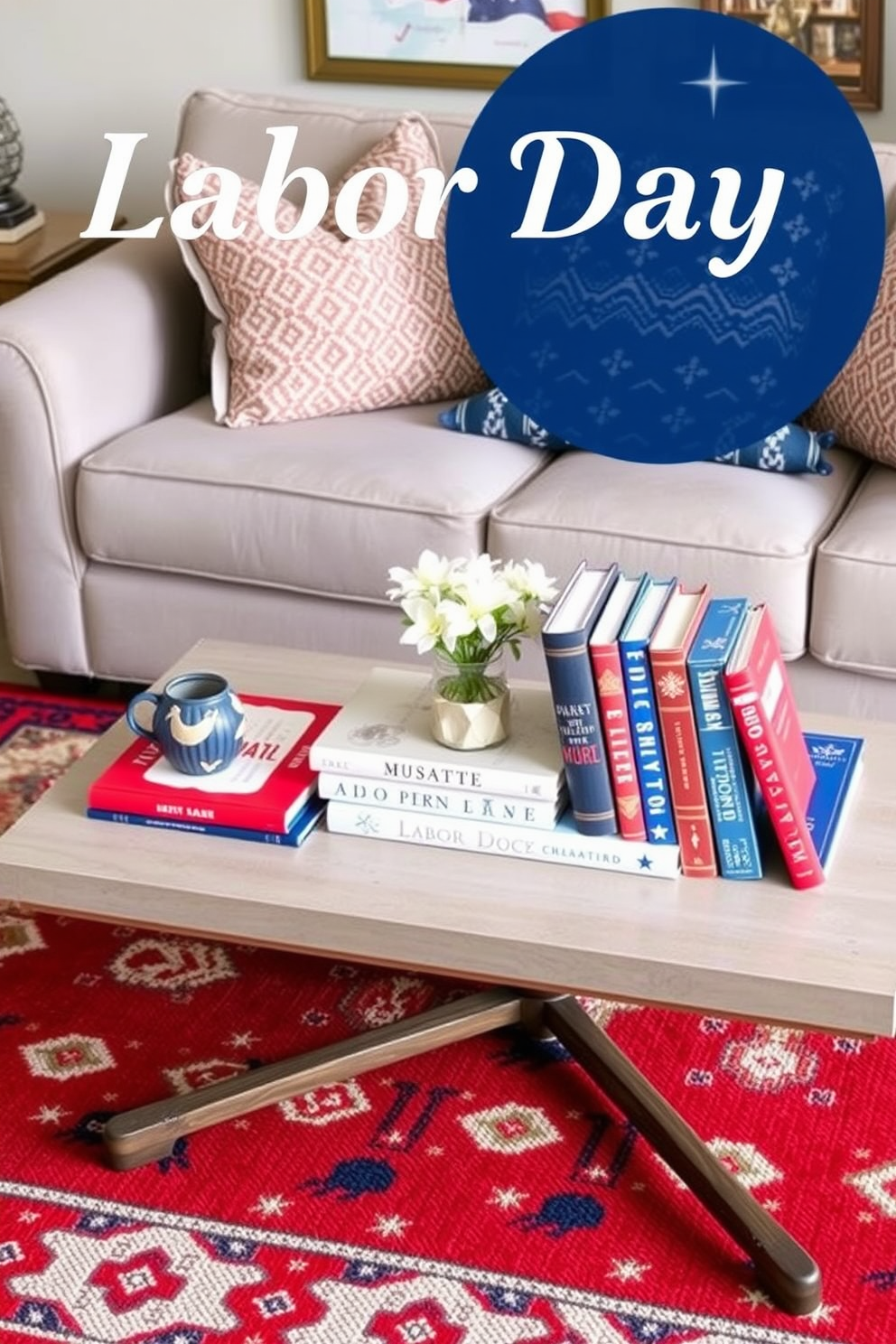 A cozy living room setting featuring a stylish coffee table adorned with decorative books that have red, white, and blue covers. The space is enhanced by a plush sofa, soft throw pillows, and a vibrant area rug, creating a welcoming atmosphere for Labor Day celebrations.