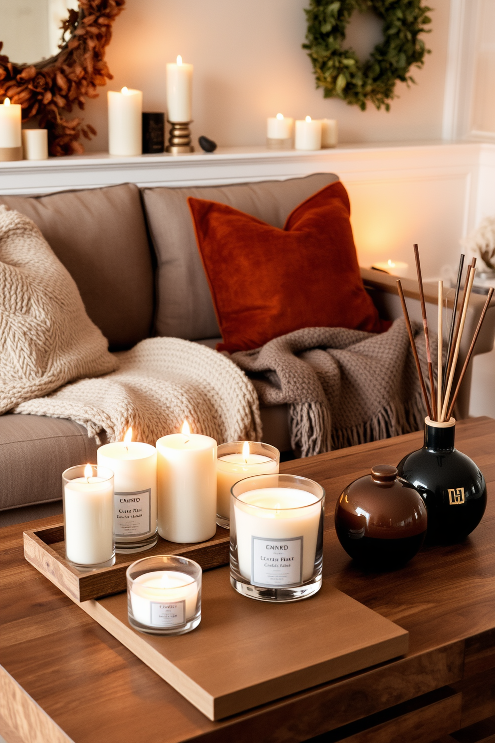 A cozy living room adorned with seasonal scents from candles and diffusers. Soft, warm lighting creates an inviting atmosphere, while plush throw pillows in autumn hues complement a textured blanket draped over the sofa. Decorative elements like a wooden coffee table hold an array of scented candles in elegant holders. A stylish diffuser emits a subtle fragrance, enhancing the overall ambiance of relaxation and comfort.