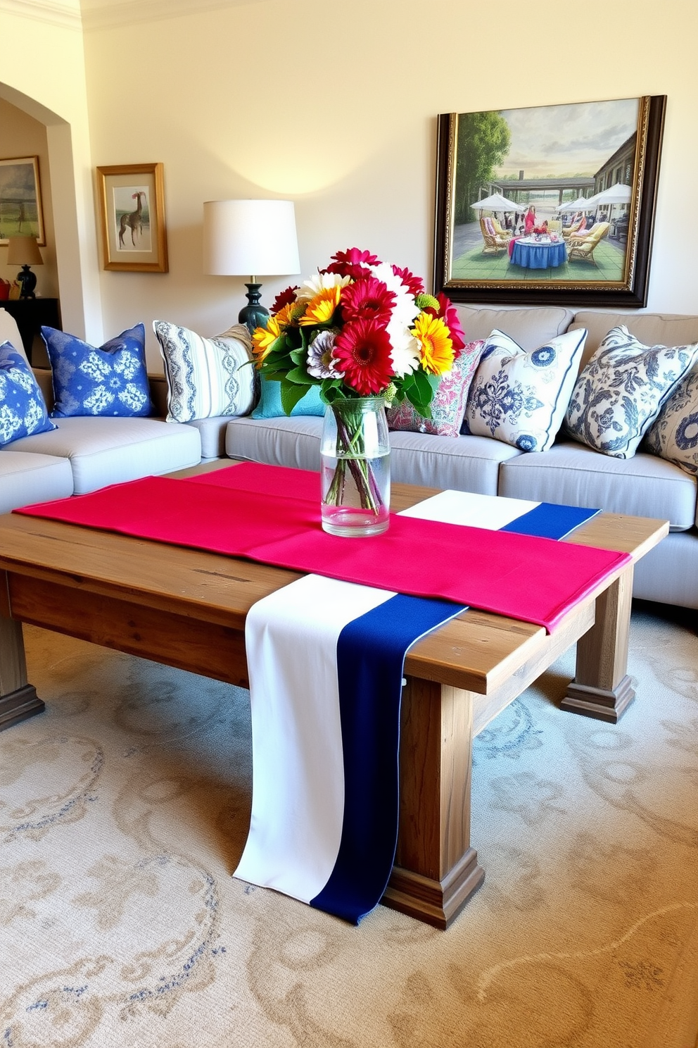 A festive living room setting adorned with red white and blue table runners draped elegantly across a rustic wooden coffee table. The decor features a mix of plush throw pillows in coordinating colors and a vibrant bouquet of flowers in a glass vase, creating a warm and inviting atmosphere. The walls are painted in a soft cream hue, enhancing the patriotic theme while maintaining a cozy feel. A large area rug with subtle patterns anchors the space, and framed artwork depicting scenes of summer celebrations adds a personal touch.