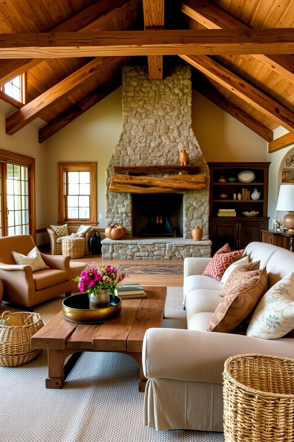 A warm and inviting living room filled with rustic decor elements. Exposed wooden beams stretch across the ceiling, and a large stone fireplace serves as the focal point. A plush, oversized sofa covered in a soft, neutral fabric is adorned with patterned throw pillows. A reclaimed wood coffee table sits in front, surrounded by woven baskets that add texture and warmth.