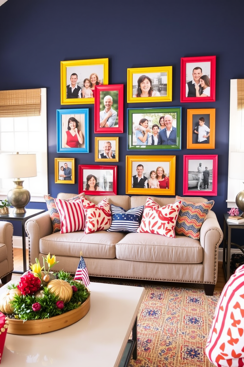 Brightly colored picture frames for photos. The frames are arranged in a playful gallery wall layout, showcasing a mix of family portraits and vibrant artwork. Labor Day living room decorating ideas. The space features cozy seating with festive throw pillows, a stylish coffee table adorned with seasonal decorations, and a warm color palette that invites relaxation.